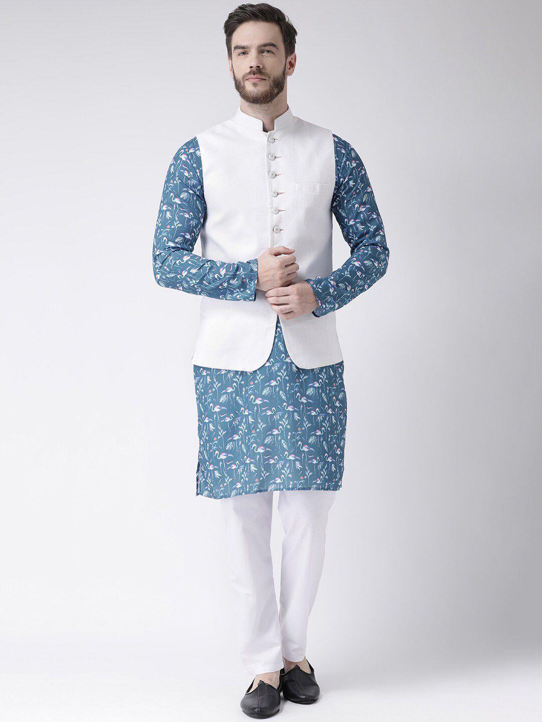 hangup men ethnic motifs printed cotton kurta set with jacket