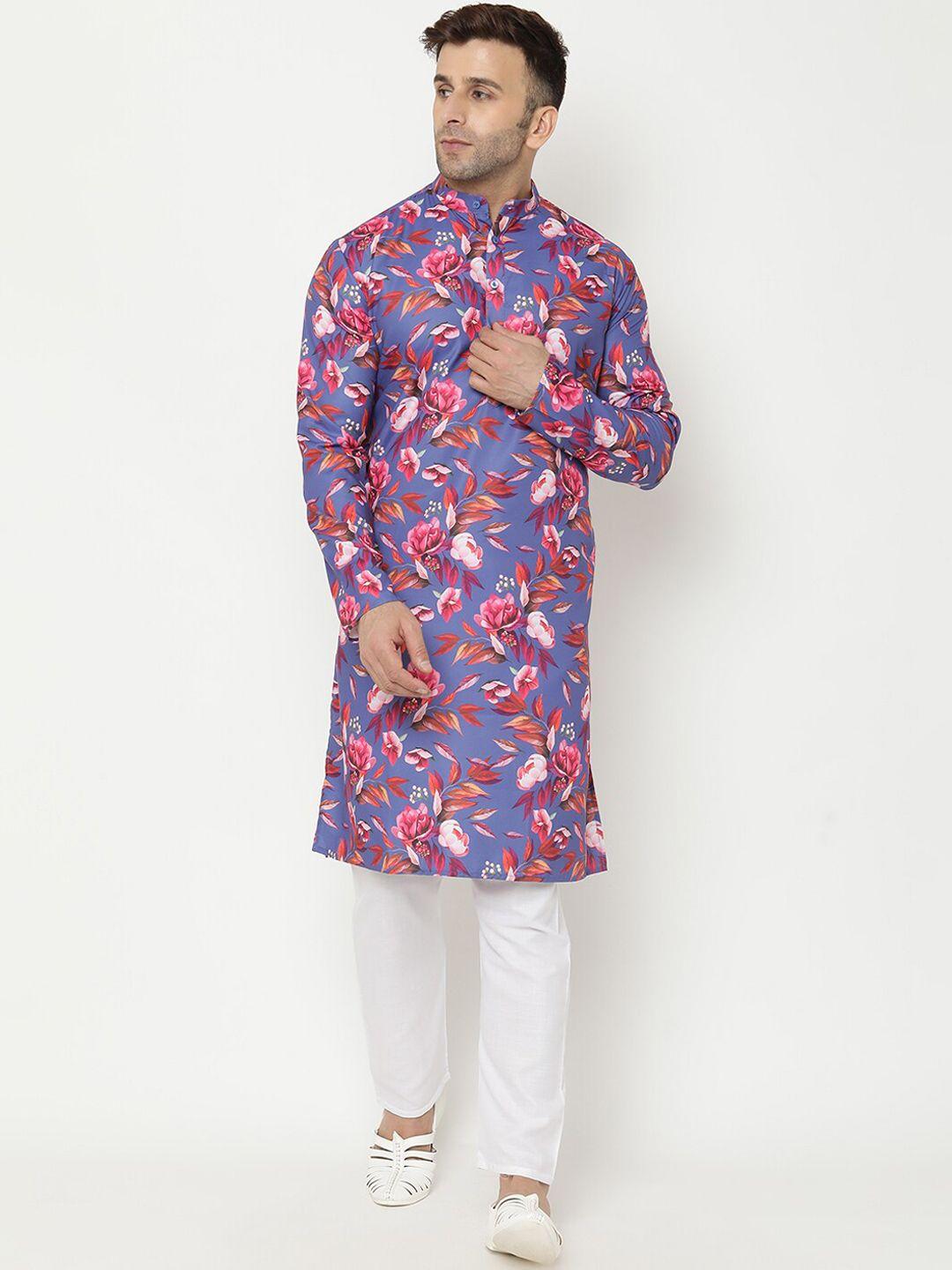 hangup men floral printed cotton blend kurta with trouser