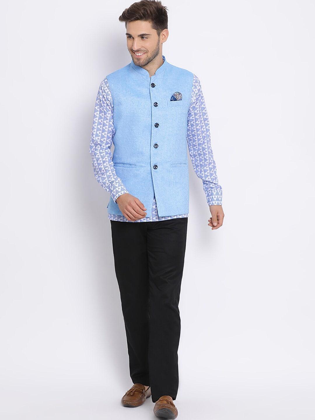 hangup men geometric printed kurta with trousers & nehru jacket