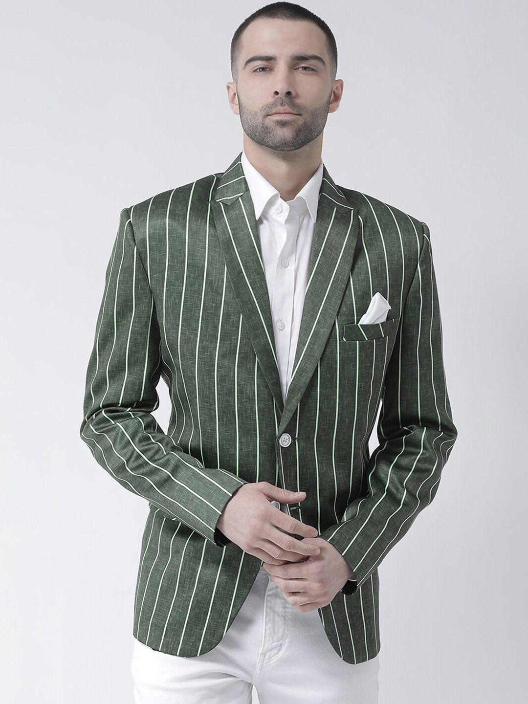 hangup men green & white striped single-breasted ethnic blazer