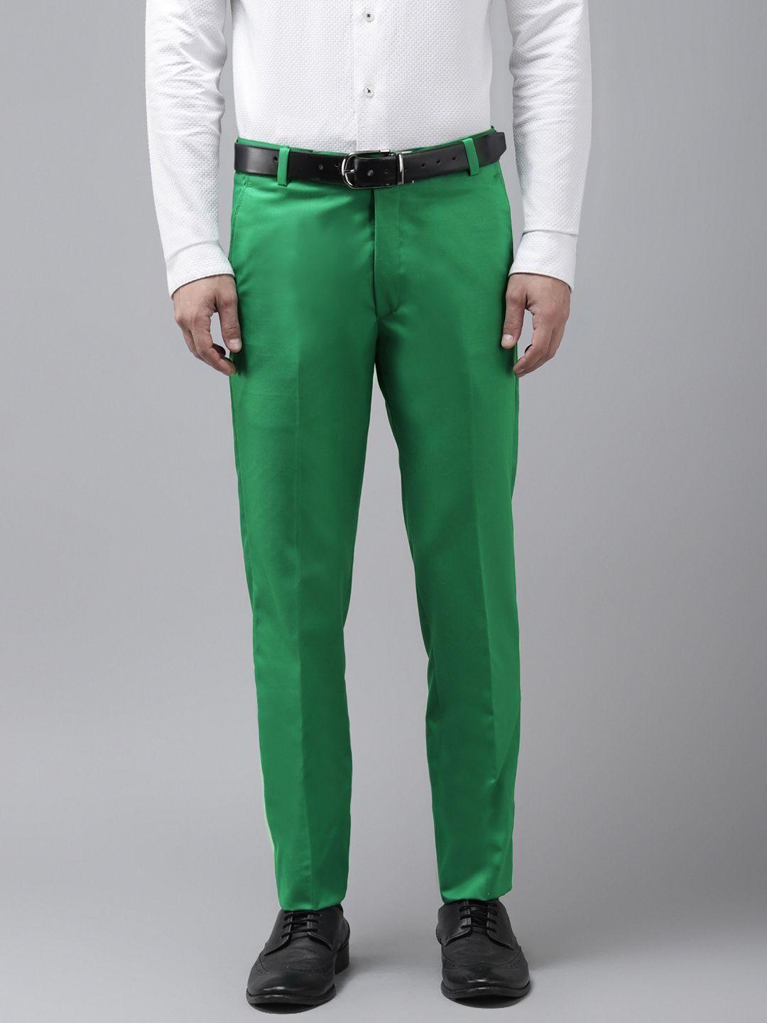 hangup men green regular fit solid formal trousers