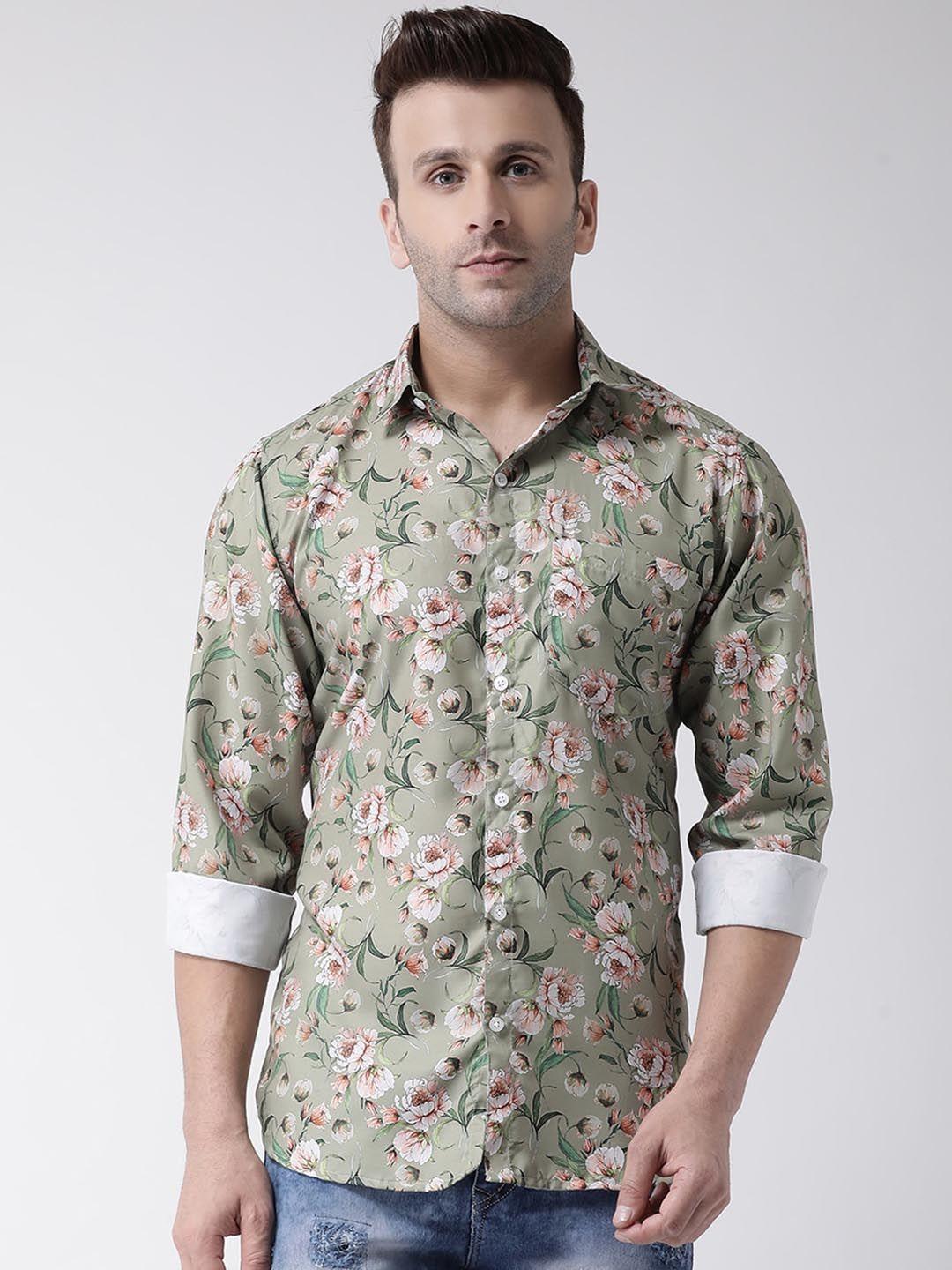 hangup men green slim fit floral print casual shirt
