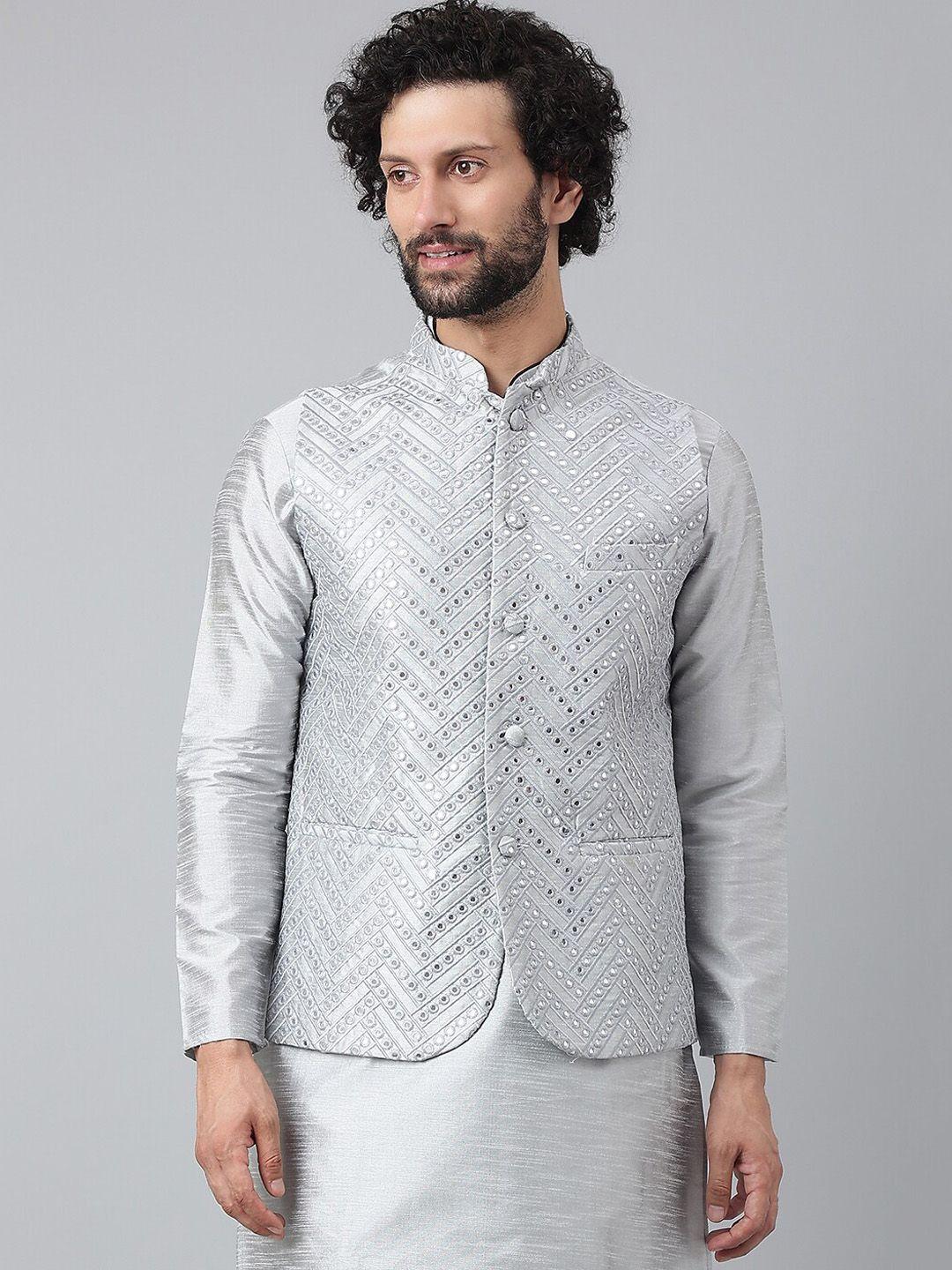 hangup men grey embroidered nehru jackets