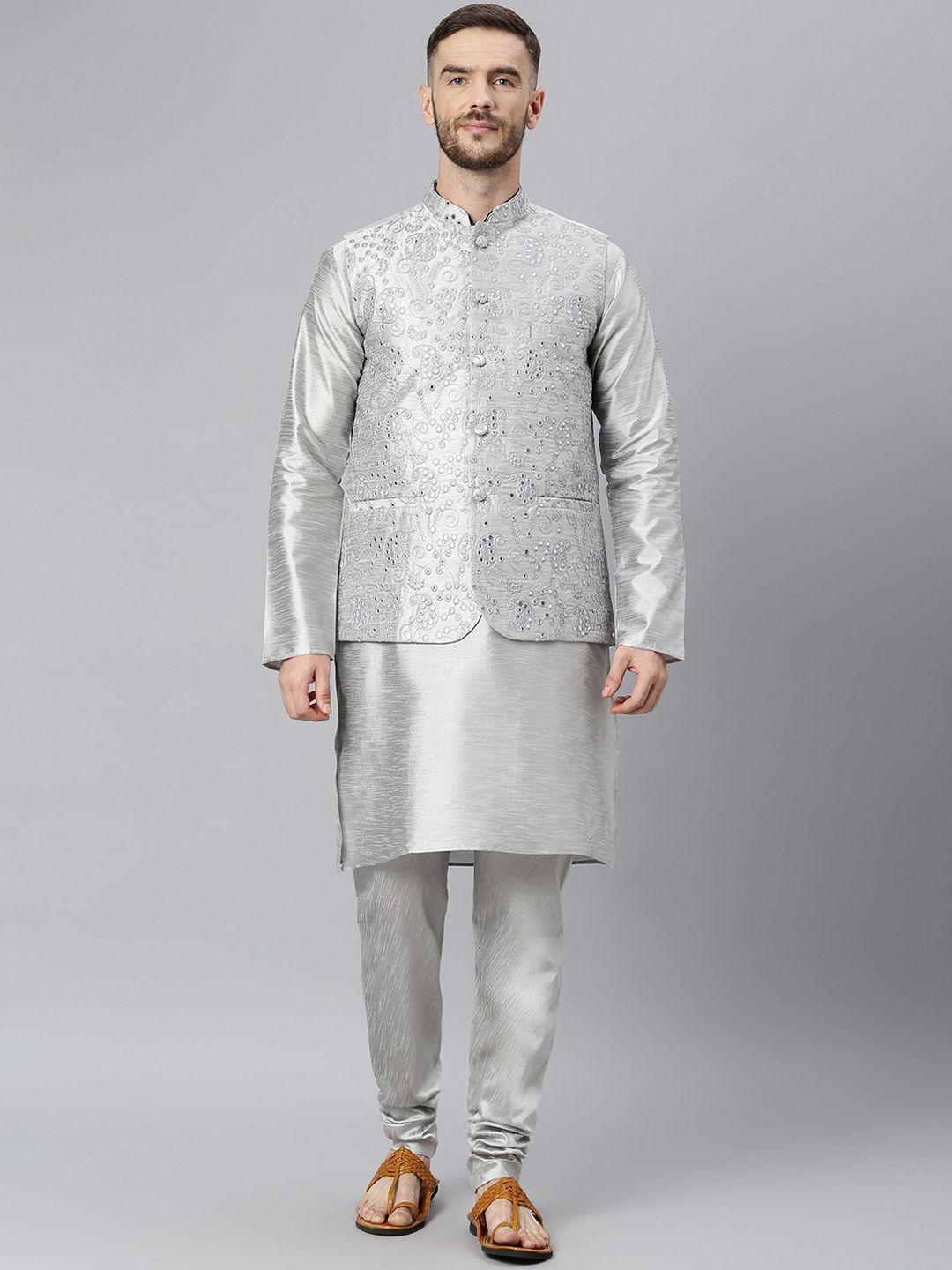 hangup men grey layered dupion silk kurta pyjamas with nehru jacket