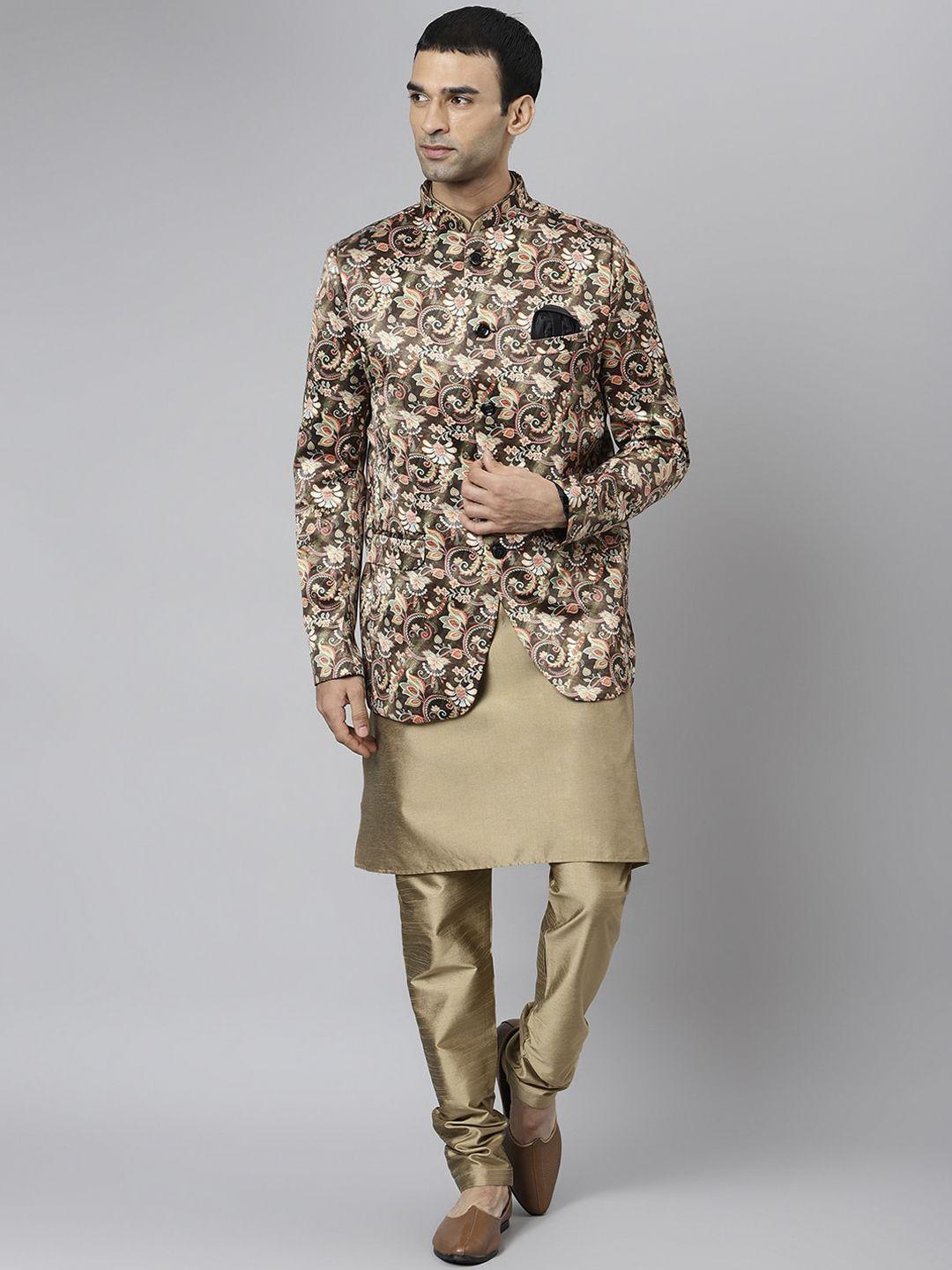 hangup men khaki regular dupion silk kurta with churidar & with blazer