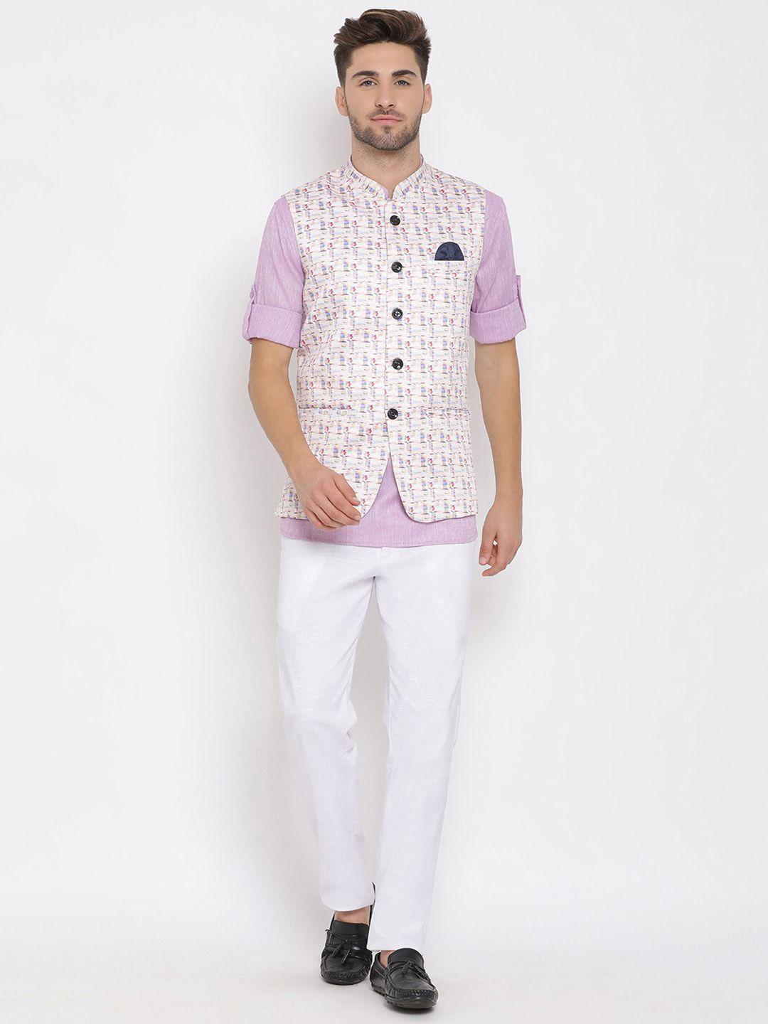 hangup men lavender & off-white solid kurta with trousers & nehru jacket