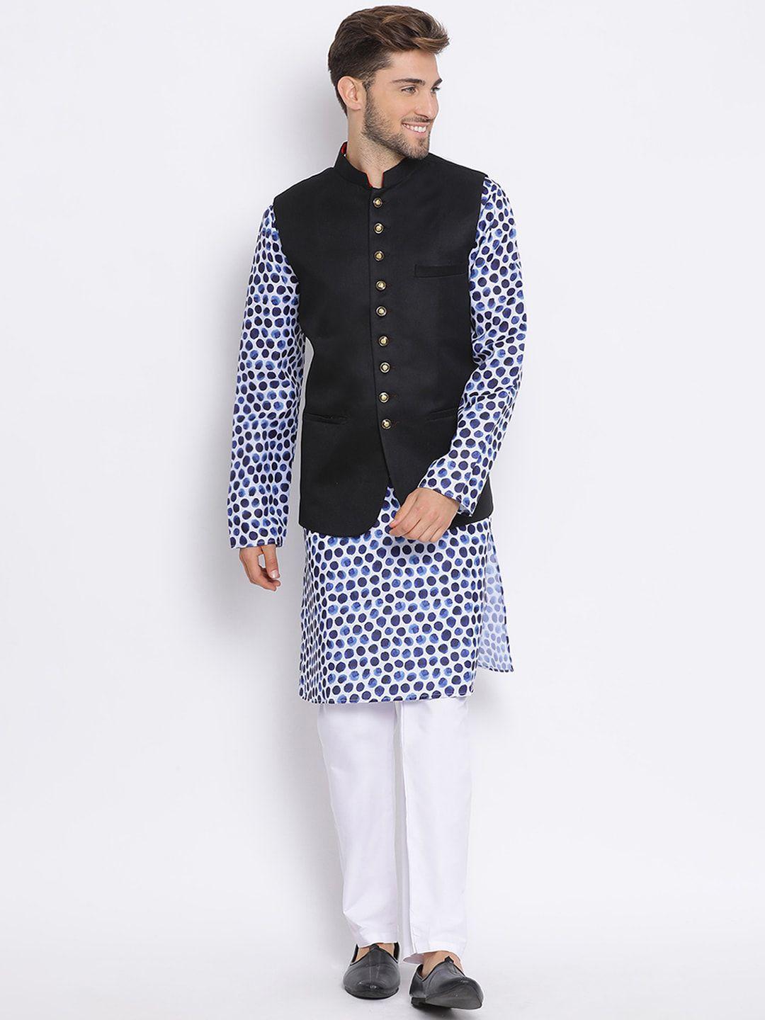 hangup men mandarin collar printed kurta with pyjamas & nehru jacket