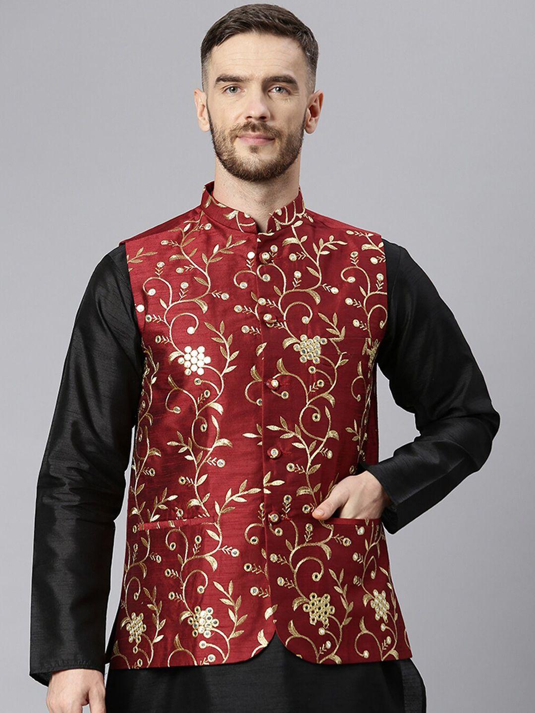 hangup-men-maroon-&-gold-coloured-embroidered-woven-nehru-jacket