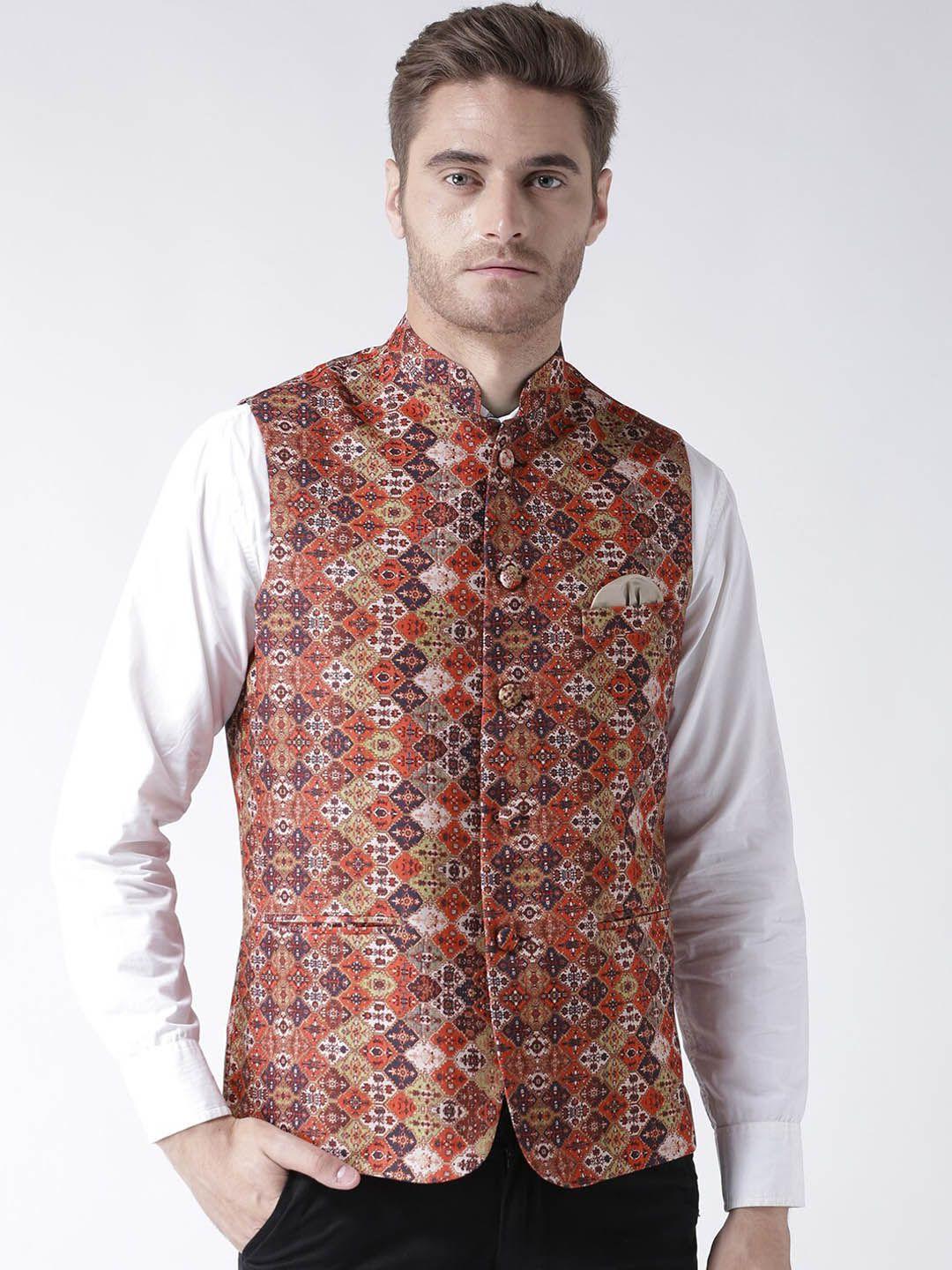 hangup men motif printed woven chinese collar nehru jacket