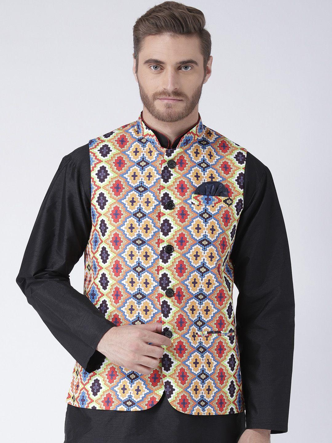 hangup men multicoloured abstract printed nehru jacket with pocket square