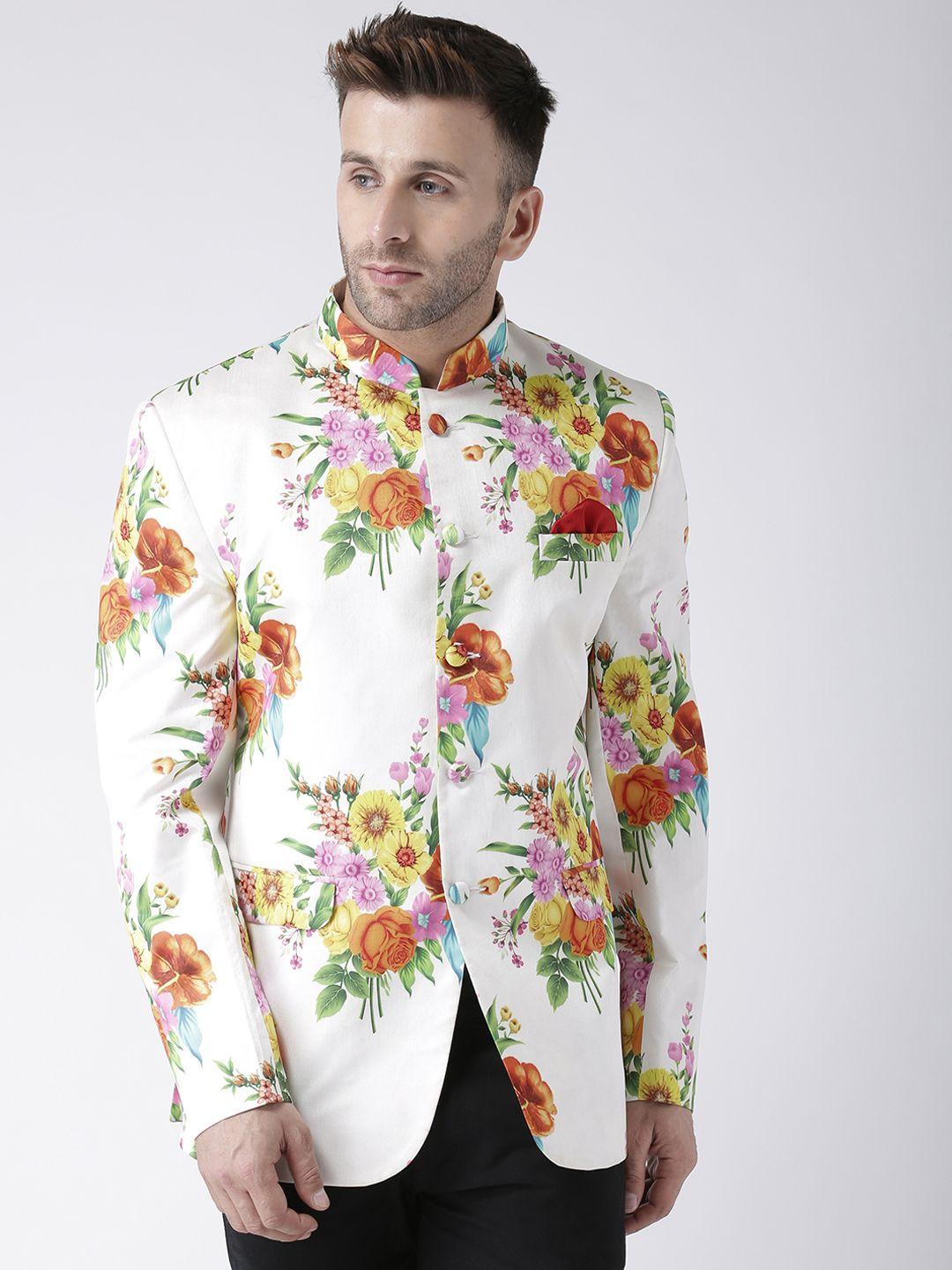 hangup men multicoloured floral printed regular fit bandhgala blazer