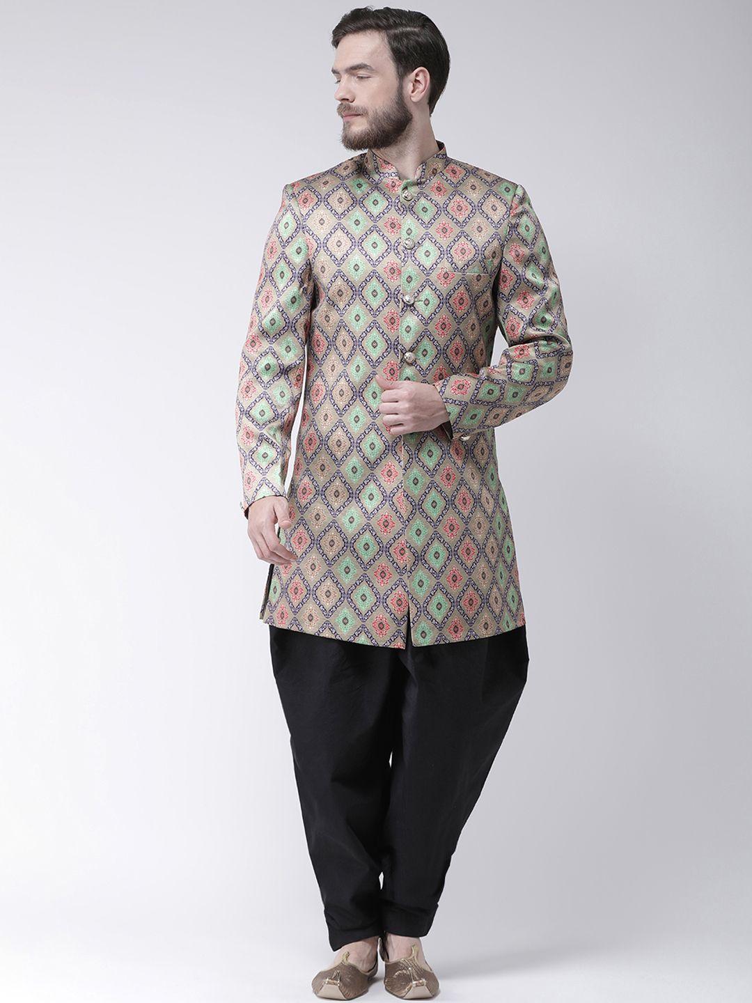 hangup men multicoloured printed sherwani with black solid dhoti pants