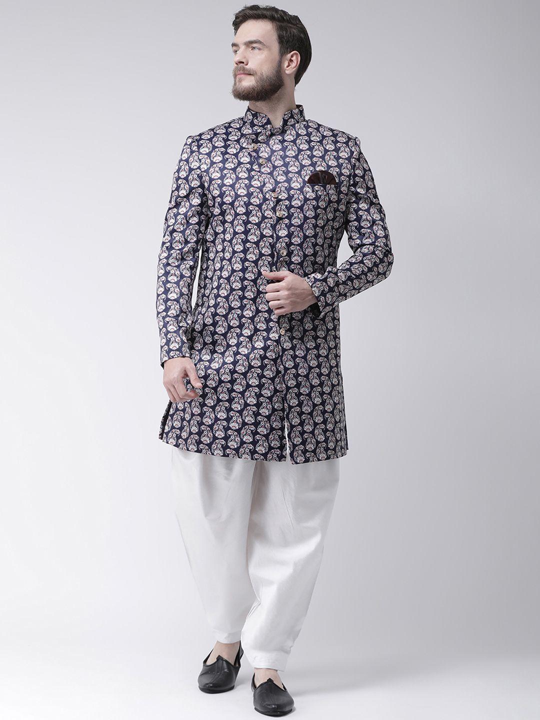 hangup men multicoloured printed sherwani with white solid dhoti pants