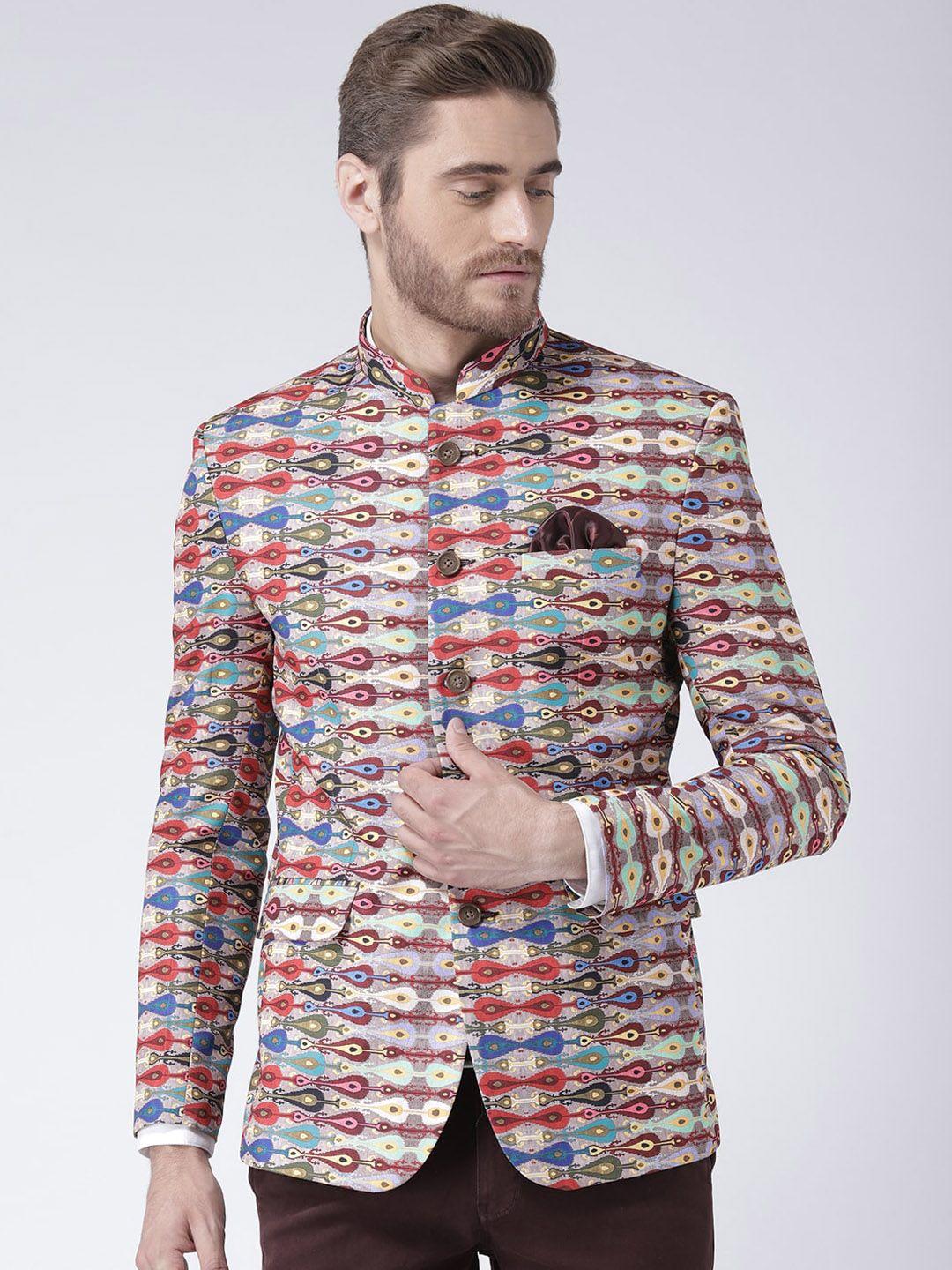 hangup men multicoloured printed slim fit single breasted blazer