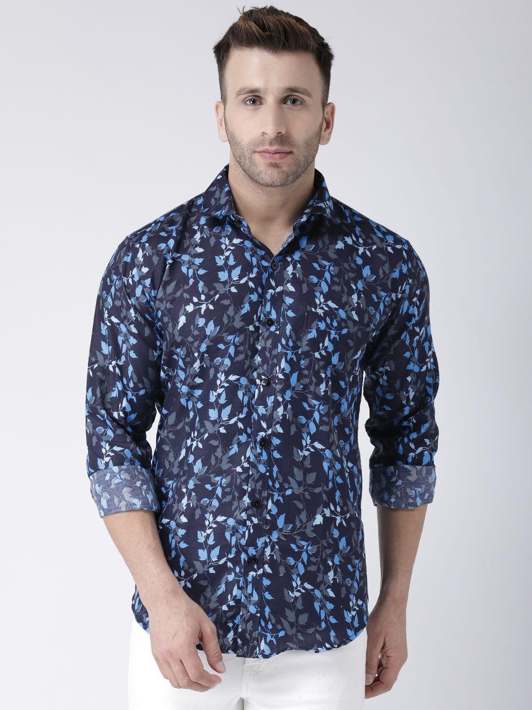hangup men navy blue & blue slim fit printed casual shirt