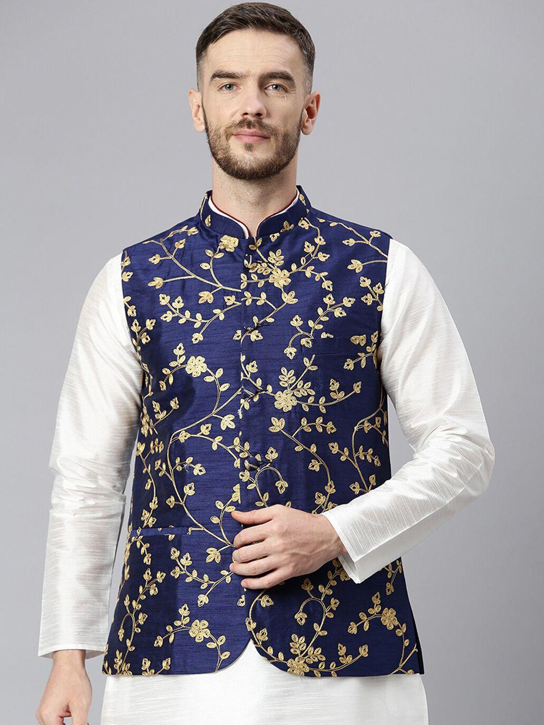 hangup-men-navy-blue-&-gold-coloured-embroidered-woven-nehru-jacket