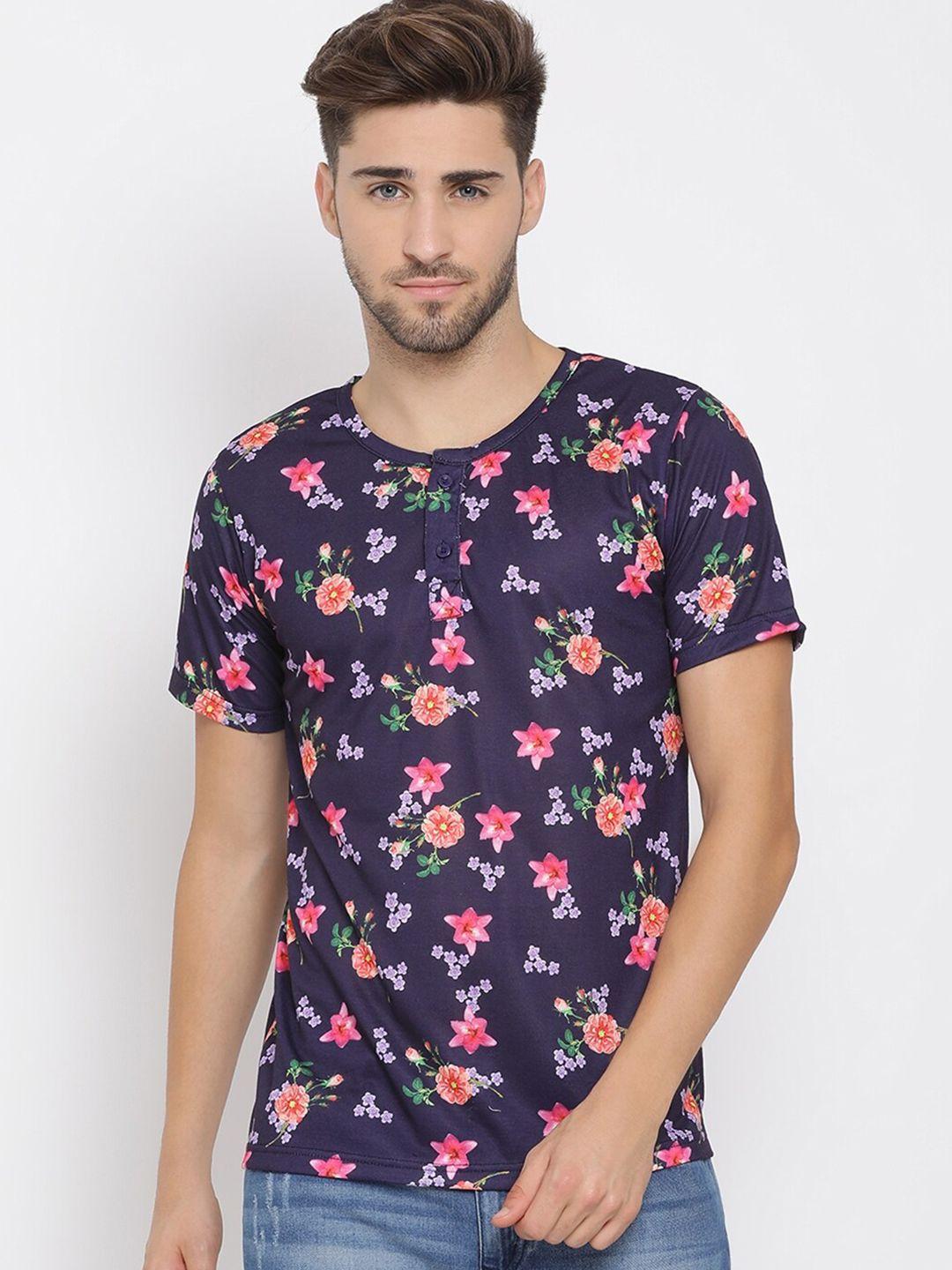 hangup men navy blue & pink floral print henley neck t-shirt