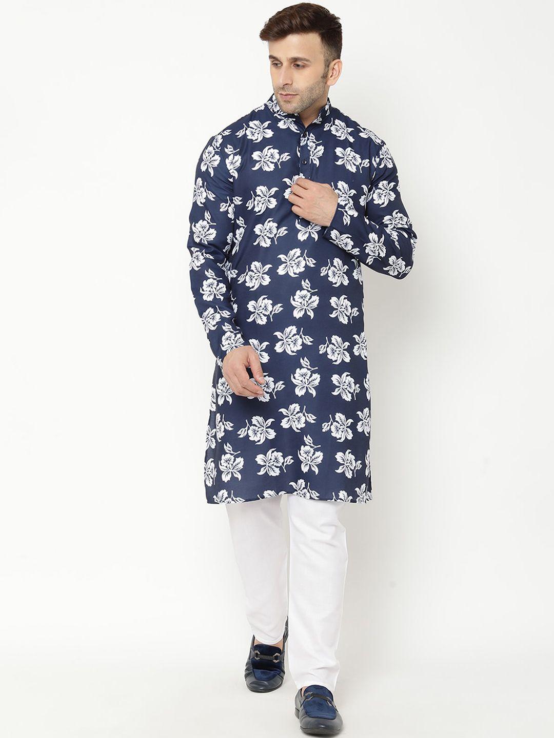hangup men navy blue & white floral printed kurta with pyjamas