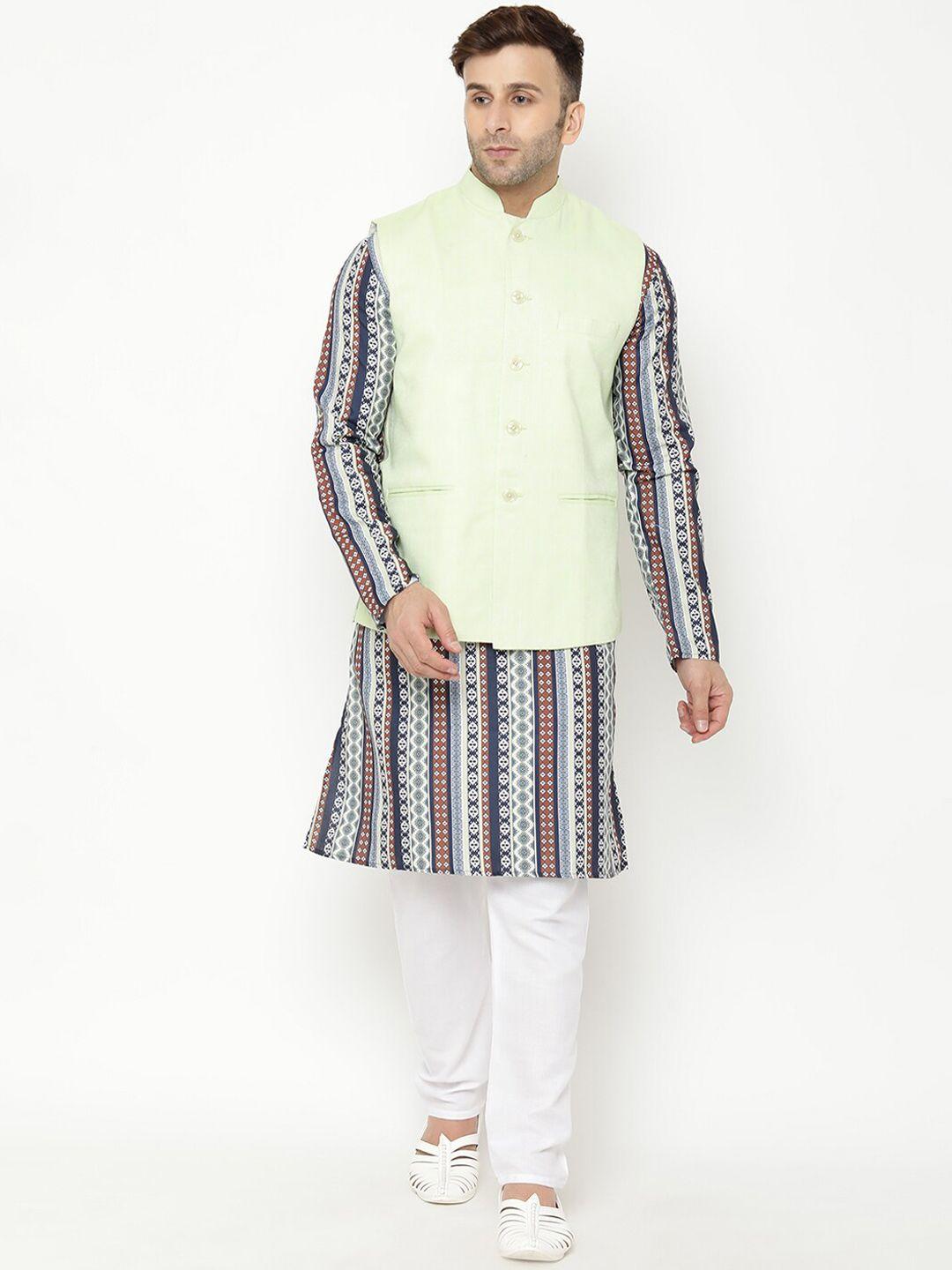 hangup men navy blue ethnic motifs printed cotton blend kurta set