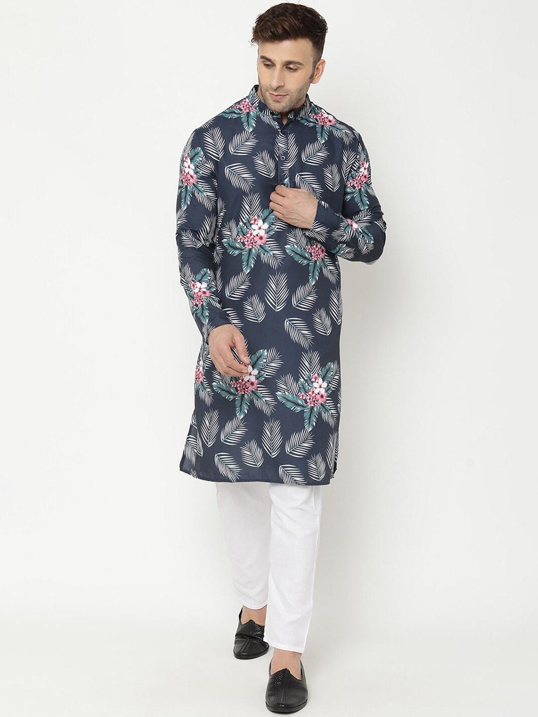 hangup men navy blue floral printed kurta with pyjamas with jacket