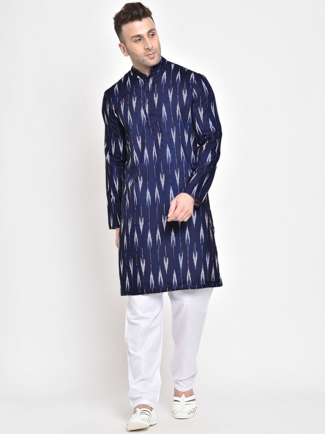 hangup men navy blue printed kurta with pyjamas