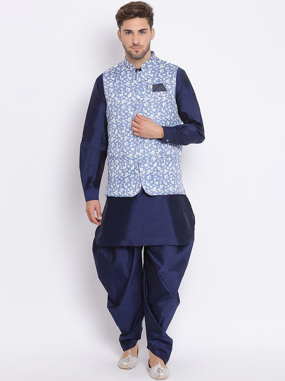 hangup men navy blue solid kurta with harem pants & nehru jacket