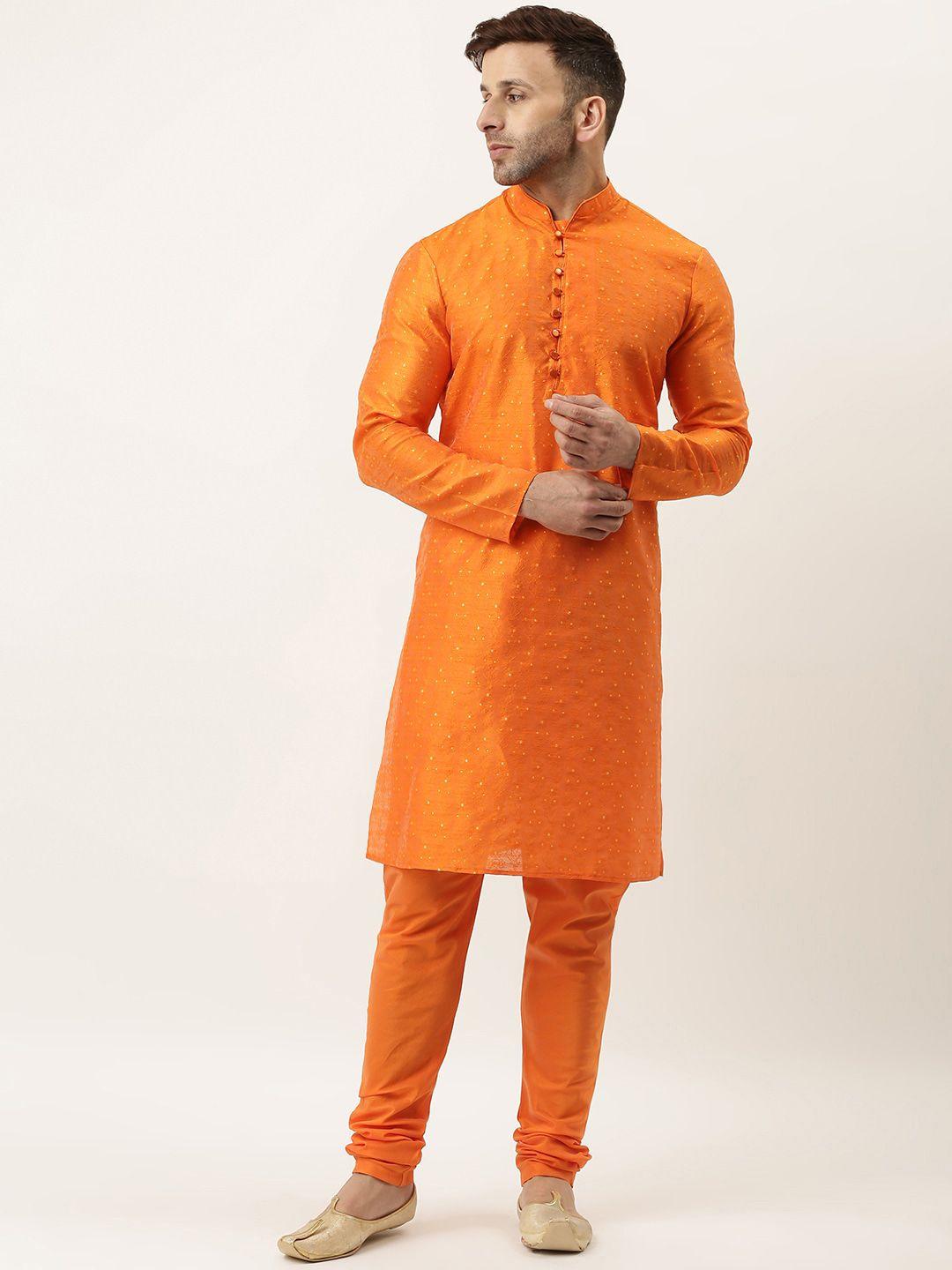 hangup men orange solid regular dupion silk kurta with churidar
