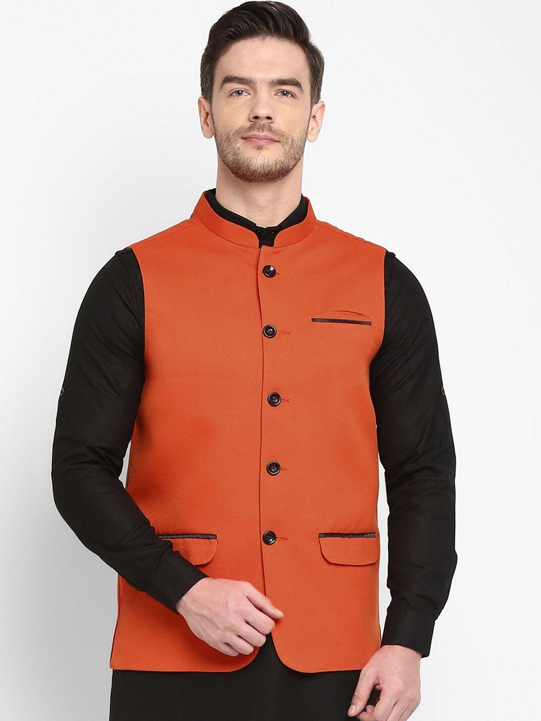 hangup men orange solid woven nehru jacket