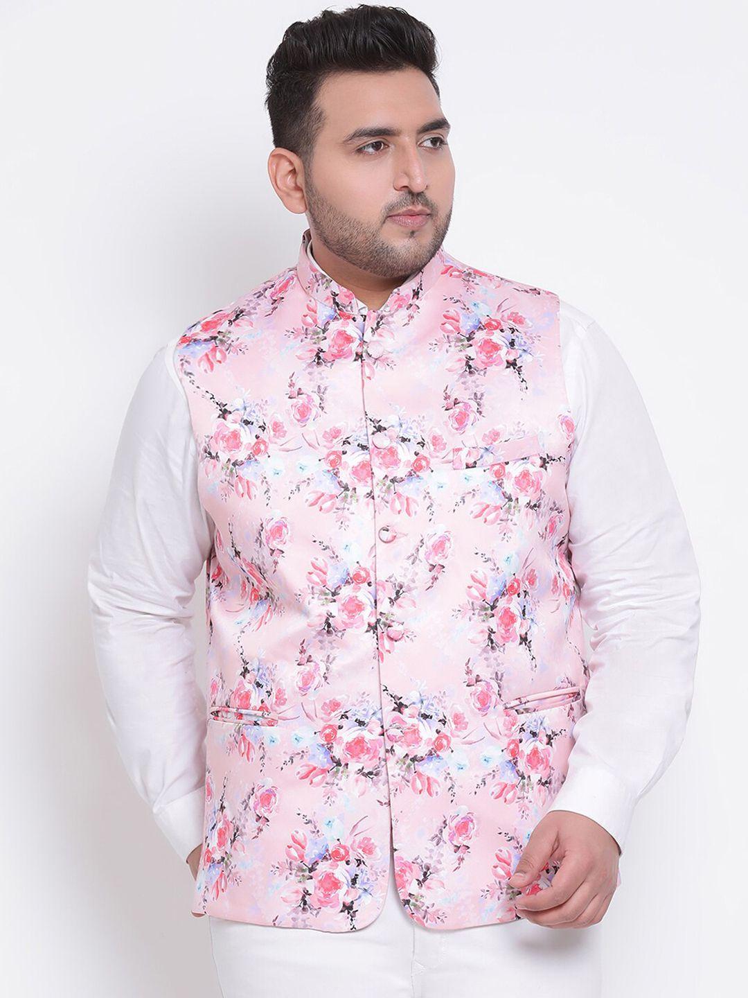 hangup men pink & blue floral printed woven nehru jacket