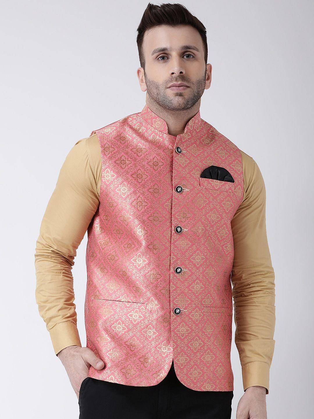 hangup men pink & gold-coloured woven design festive nehru jacket