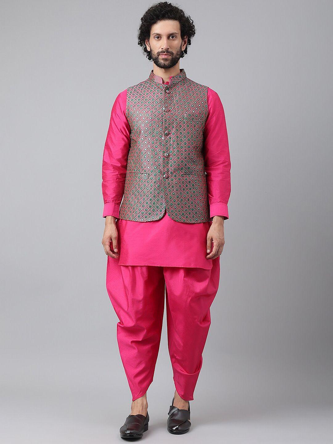 hangup men pink solid pure silk straight kurta with salwar & with mirror work nehru jacket