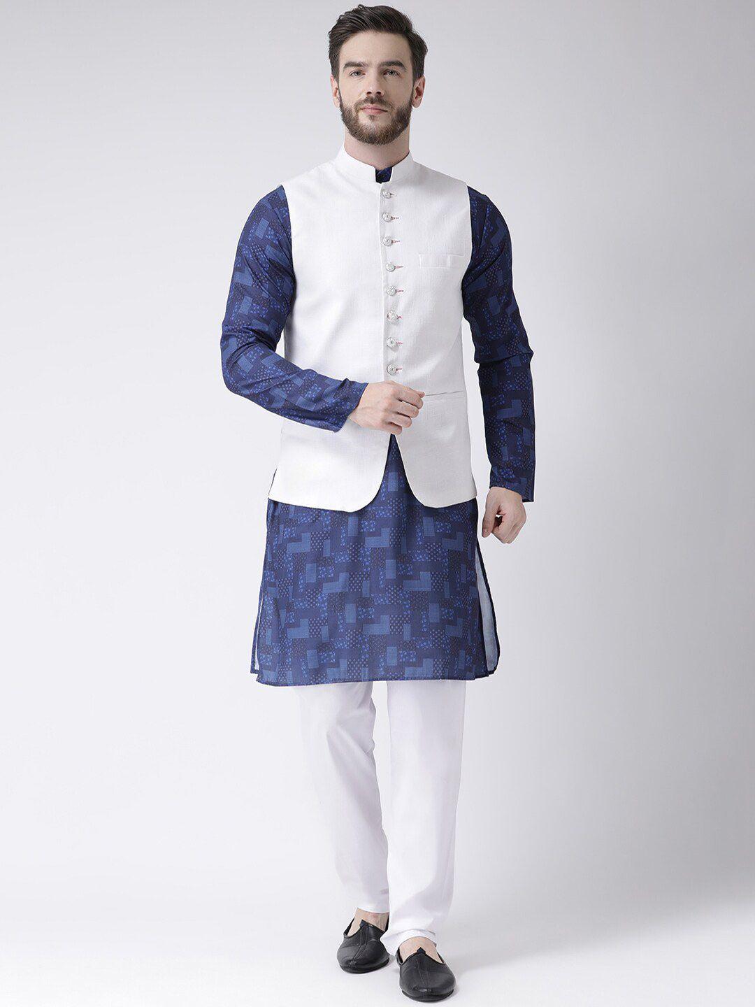 hangup men printed cotton kurta with pyjamas & nehru coat