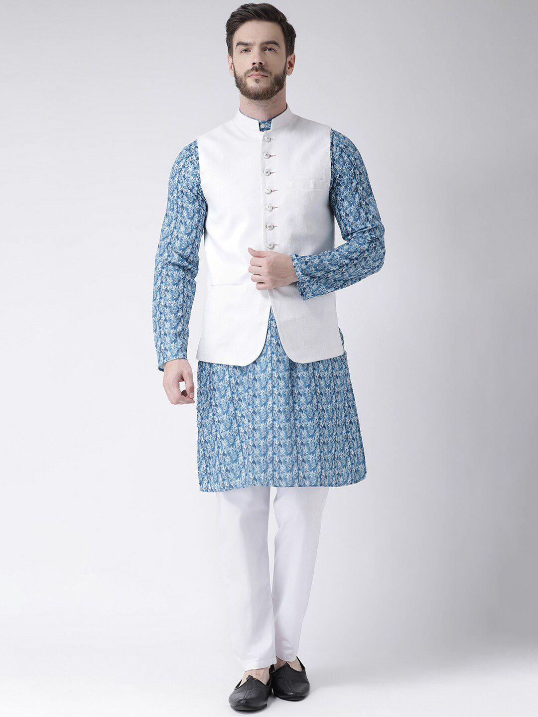 hangup men printed pure cotton straight kurta with pyjamas & with nehru jacket
