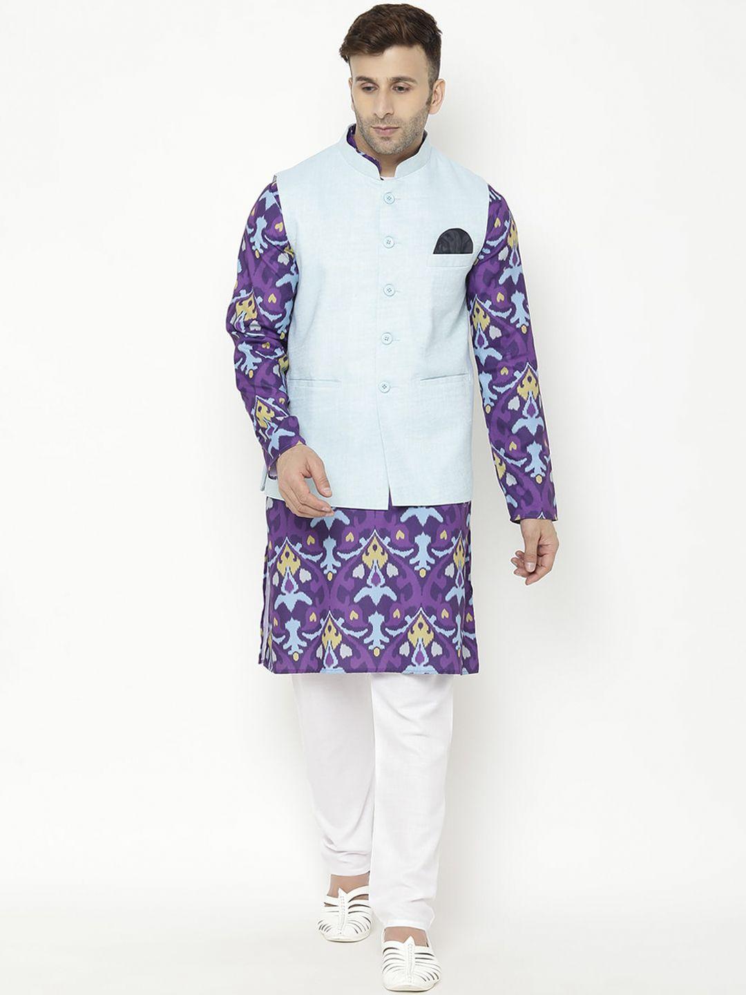 hangup men purple ethnic motifs printed kurta with pyjamas & nehru jacket
