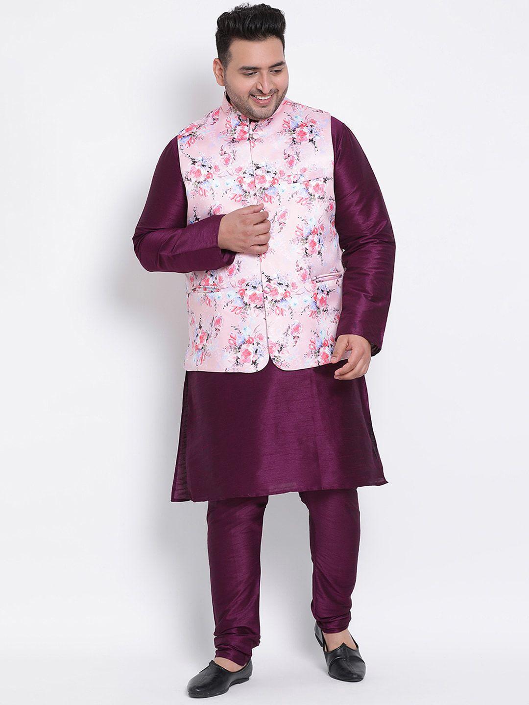 hangup men purple solid kurta with churidar and nehru jacket