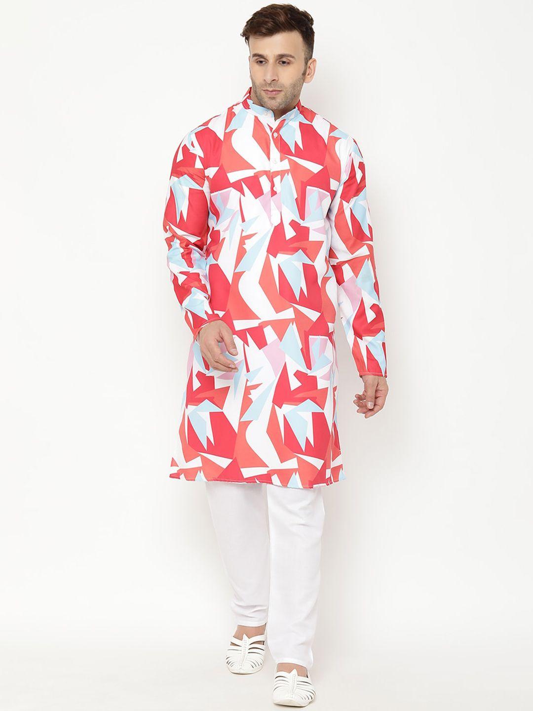 hangup men red & white abstract printed kurta
