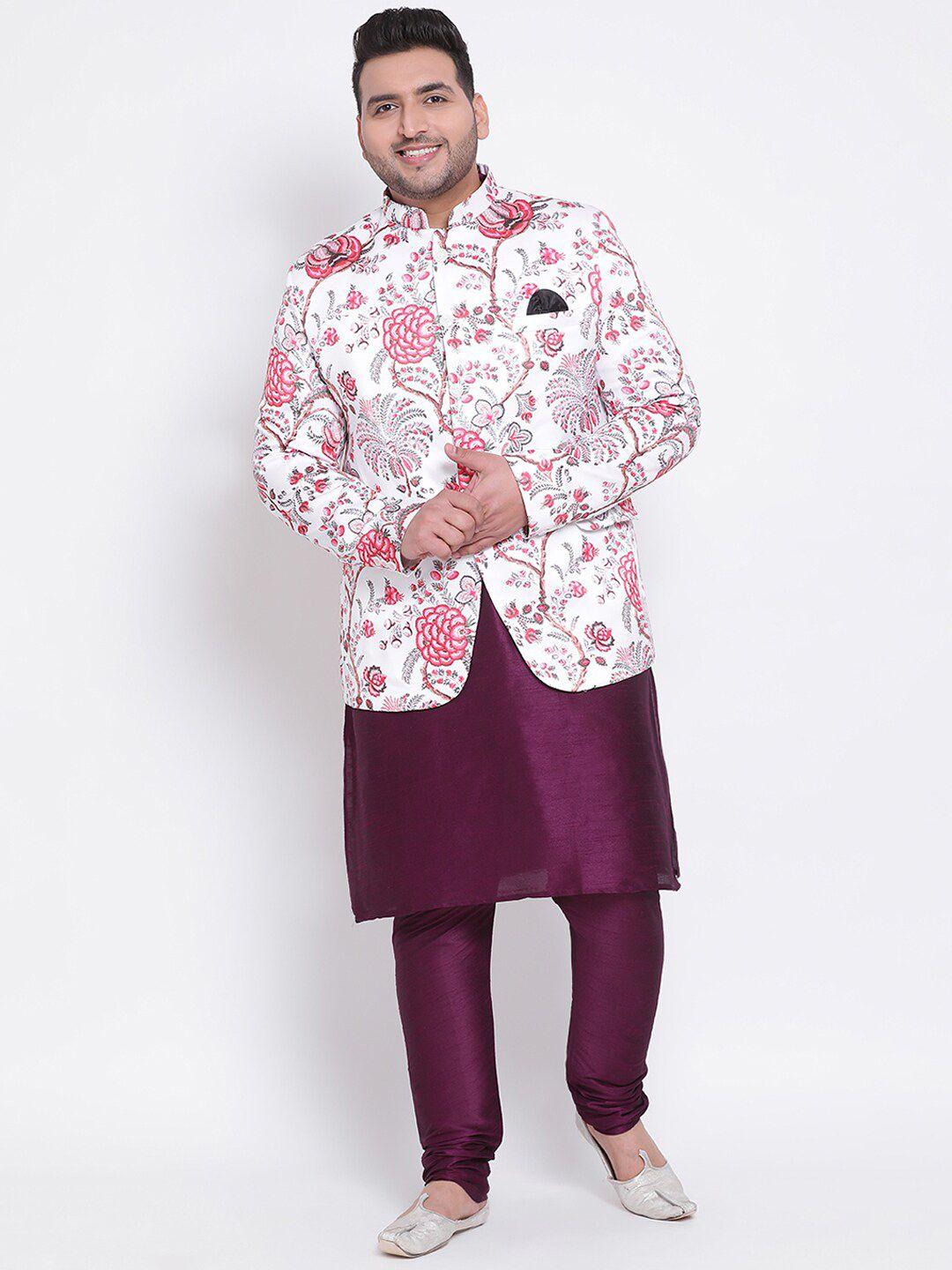 hangup men silk floral print kurta with churidar & ethnic jacket