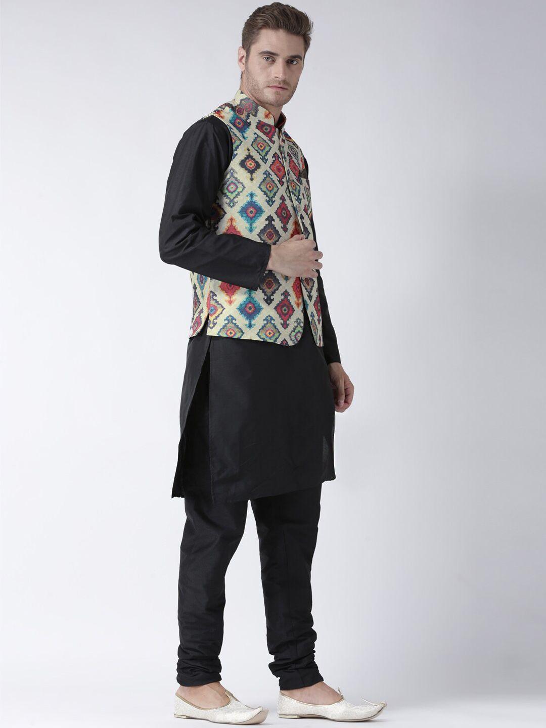 hangup men solid kurta with churidar & with ethnic motifs jacket