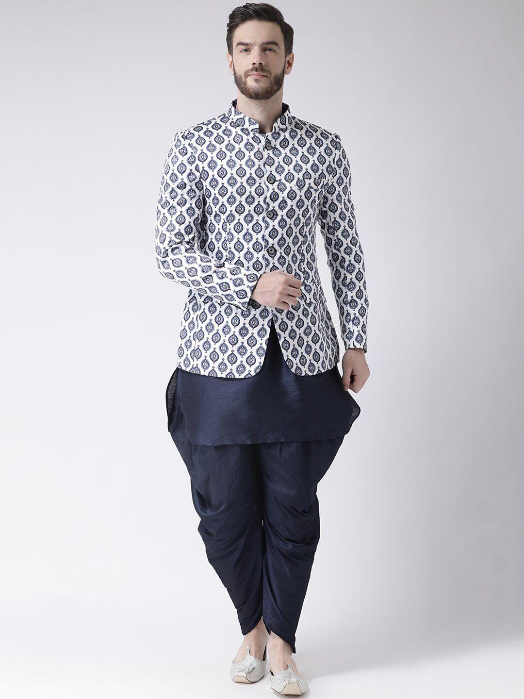 hangup men solid straight kurta with patiala & with printed jacket
