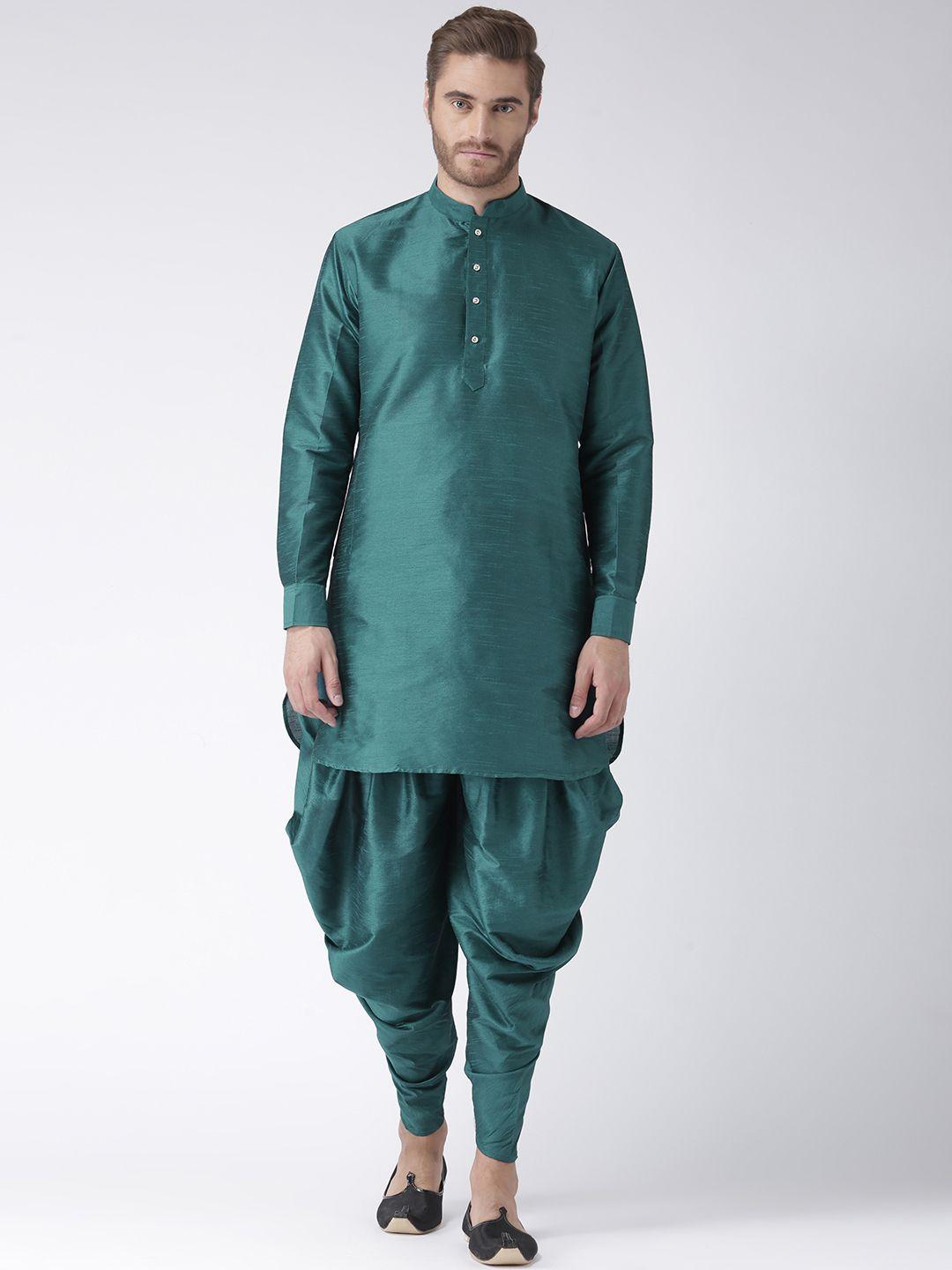 hangup men teal green solid kurta with dhoti pants