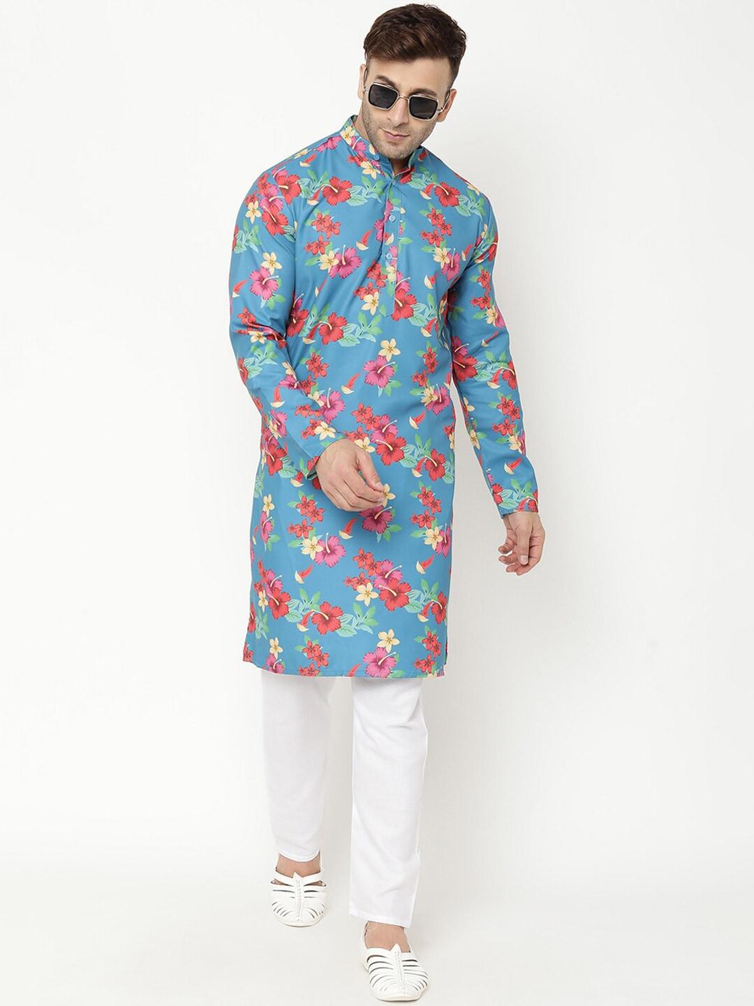 hangup men turquoise blue floral printed kurta with pyjamas