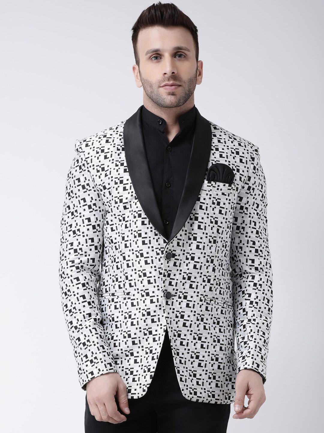 hangup men white & black printed single-breasted tuxedo blazer
