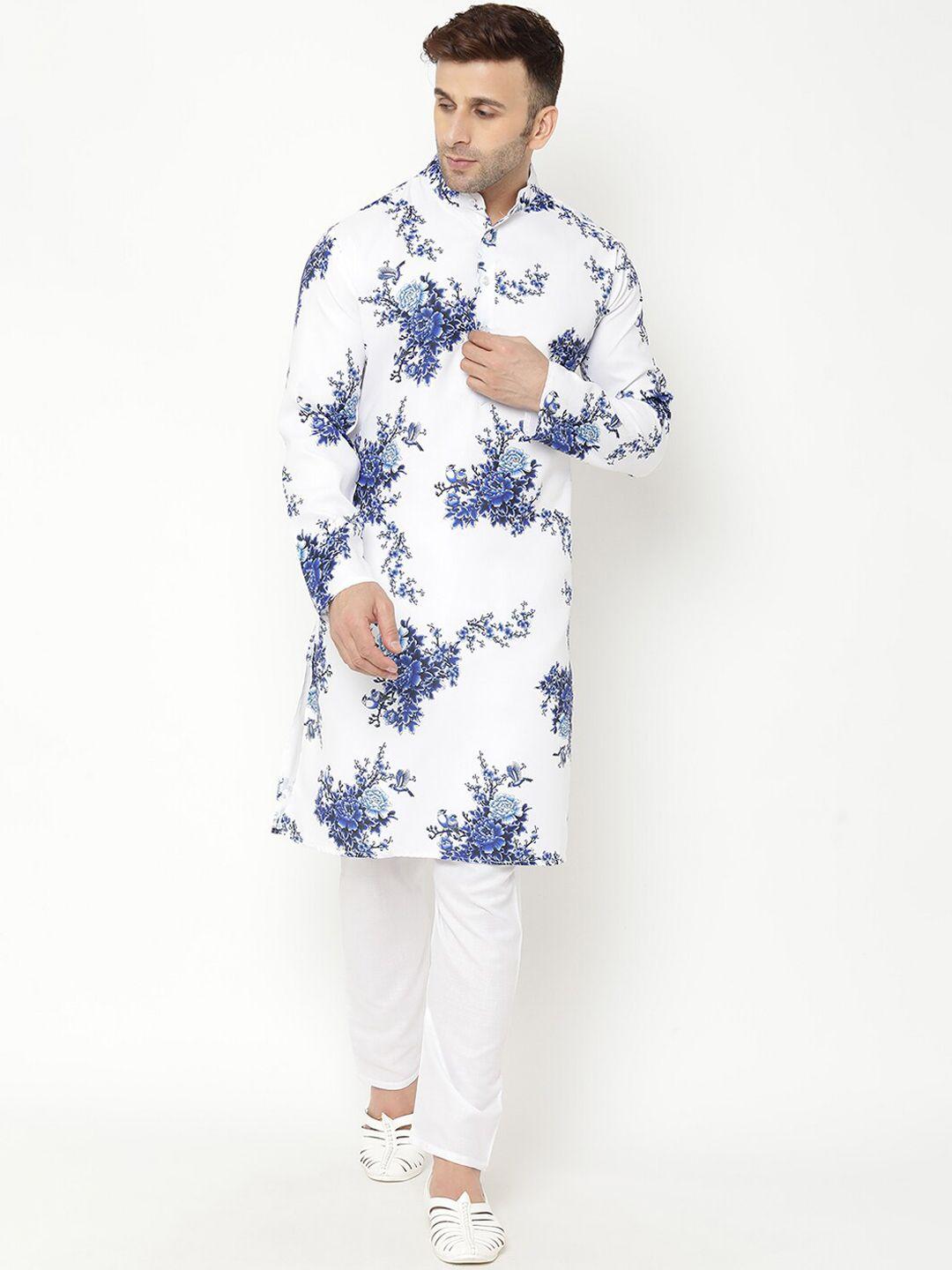 hangup men white floral printed cotton blend kurta with pyjamas