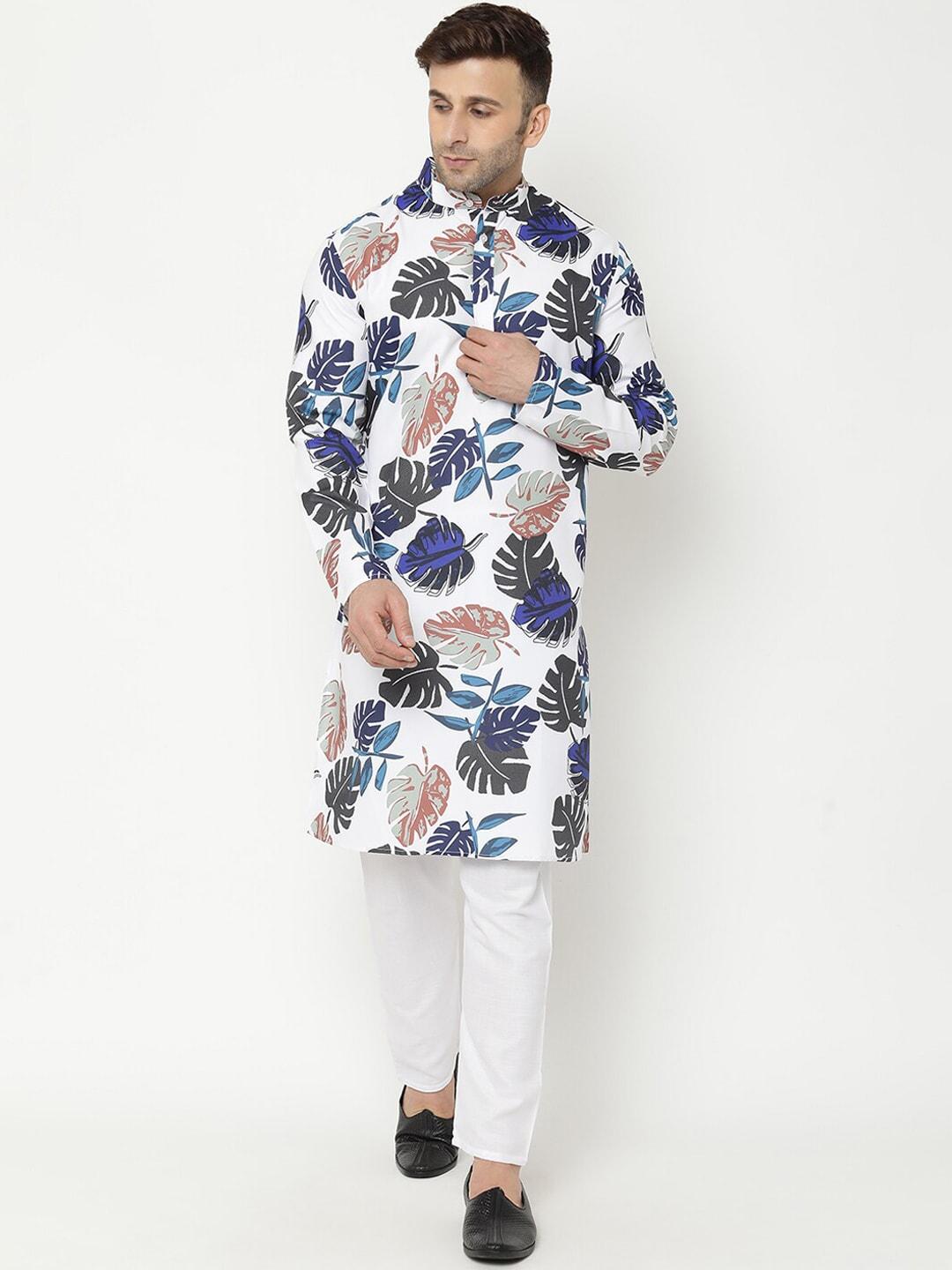 hangup men white printed cotton blend kurta with pyjamas