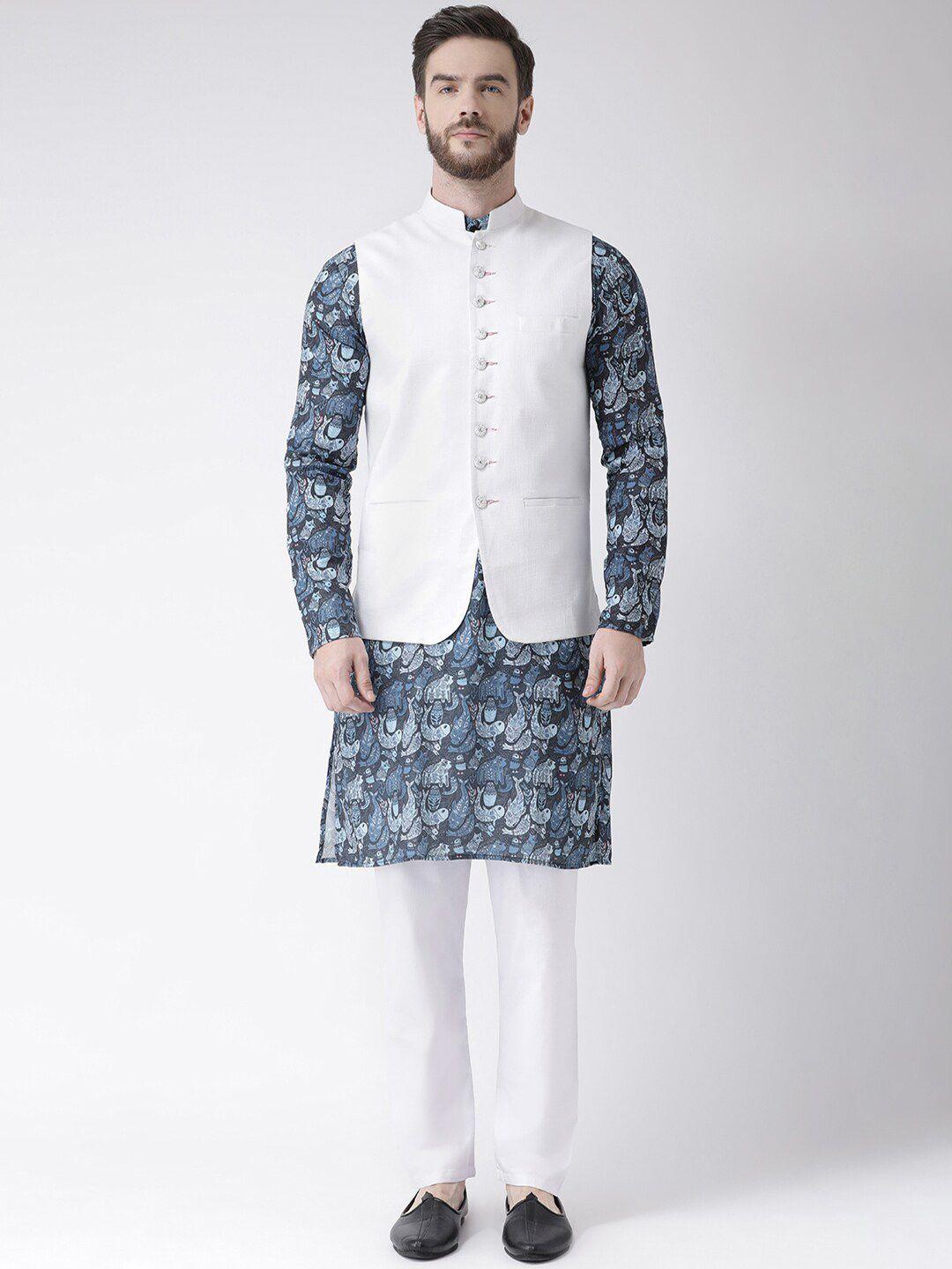 hangup men white printed pure cotton kurta with pyjamas & nehru jacket