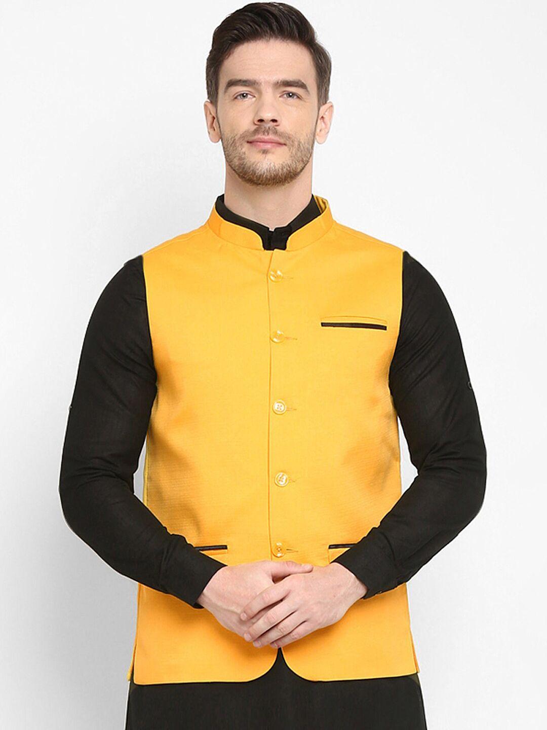 hangup men yellow solid woven nehru jacket