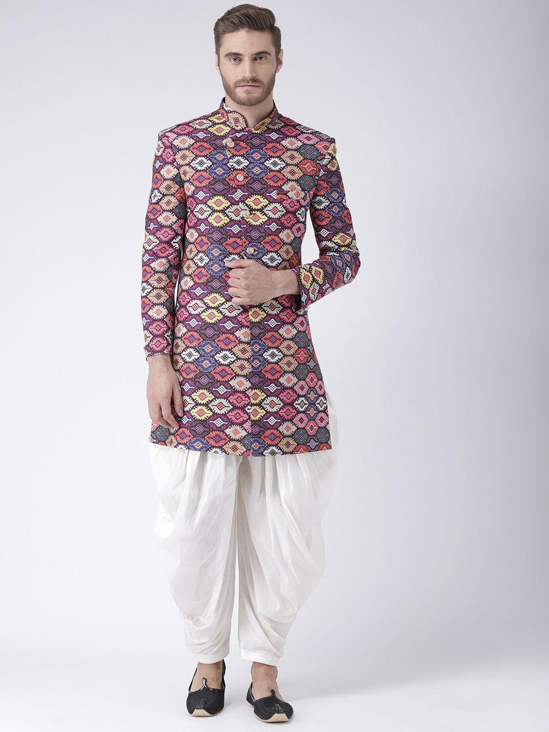 hangup mens multicoloured & off white printed sherwani set