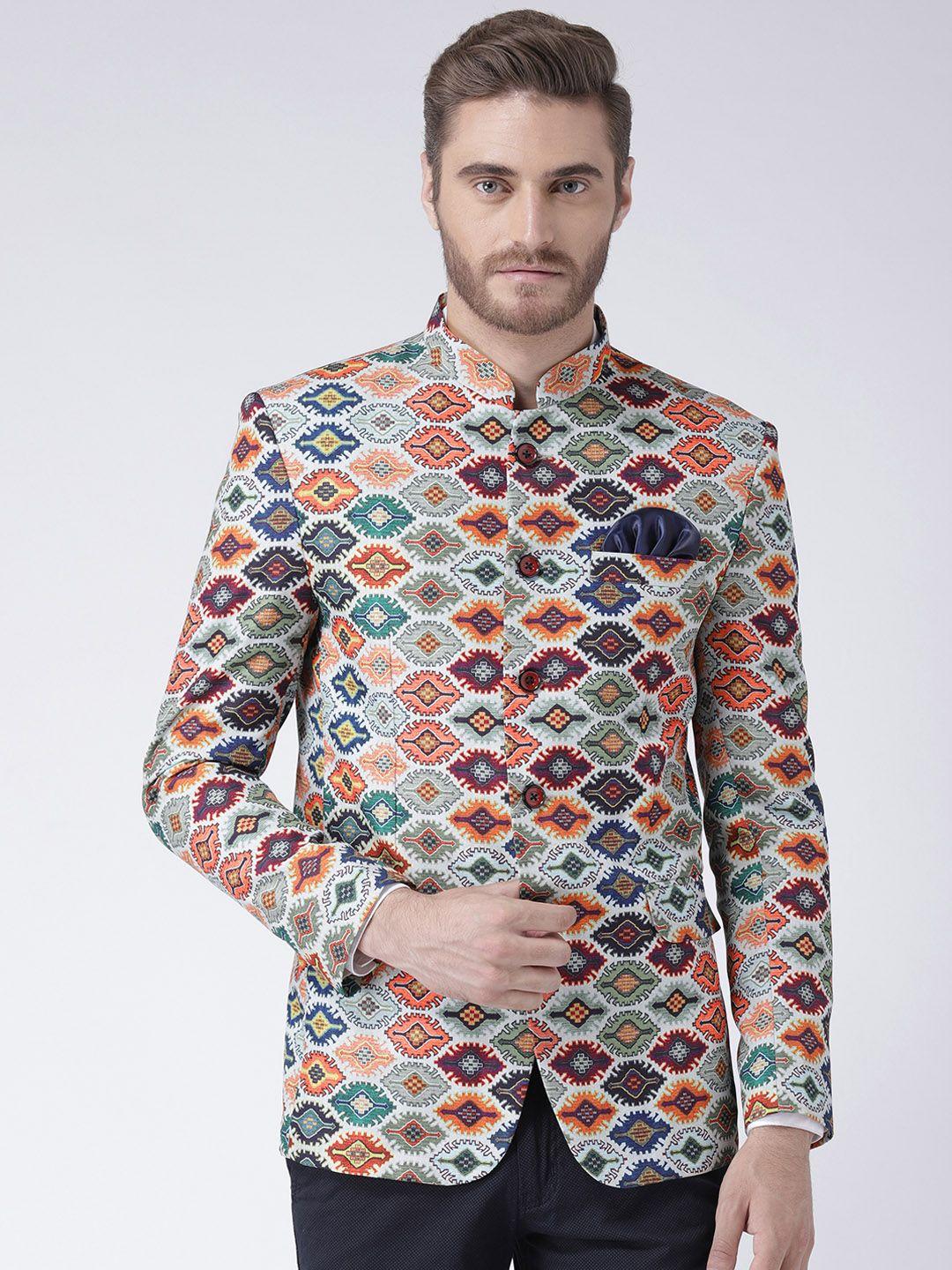 hangup multicoloured printed slim fit bandhgala blazer