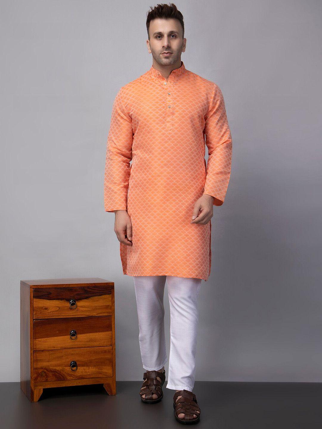 hangup plus geometric woven design mandarin collar straight kurta with pyjama