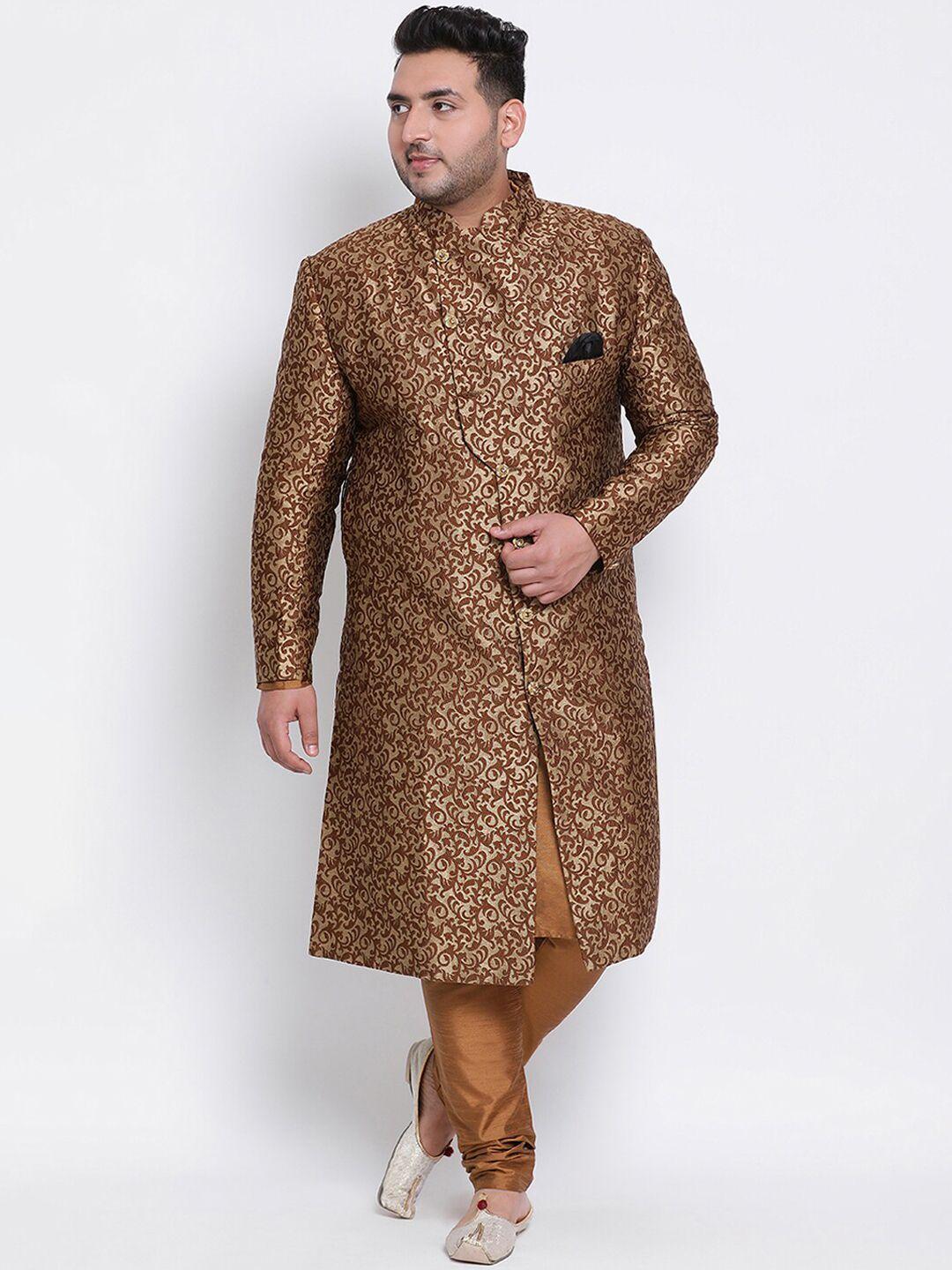 hangup plus men brown & gold-coloured self-design sherwani set